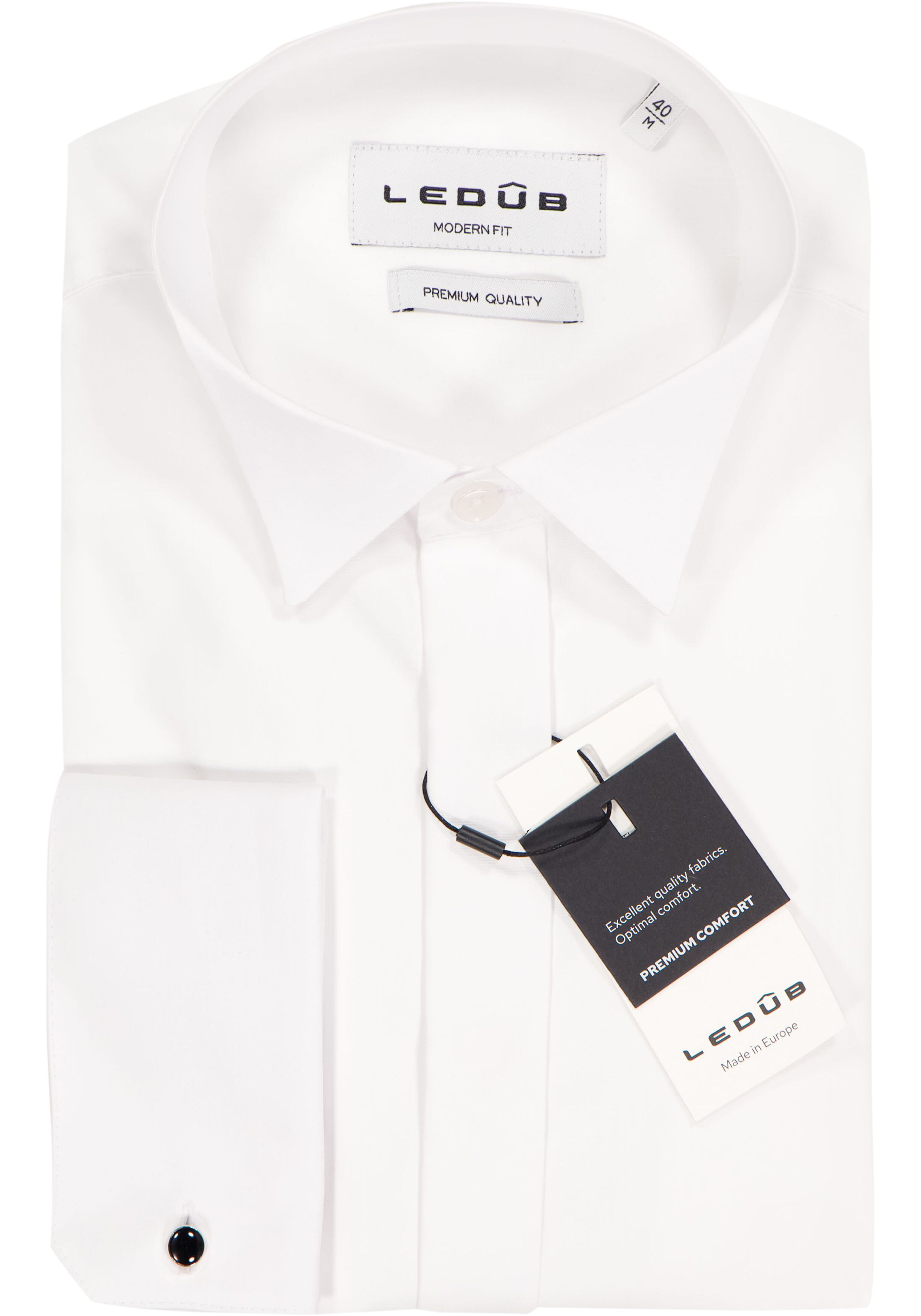 Ledub modern fit smoking overhemd, dubbele manchet en wing kraag, wit