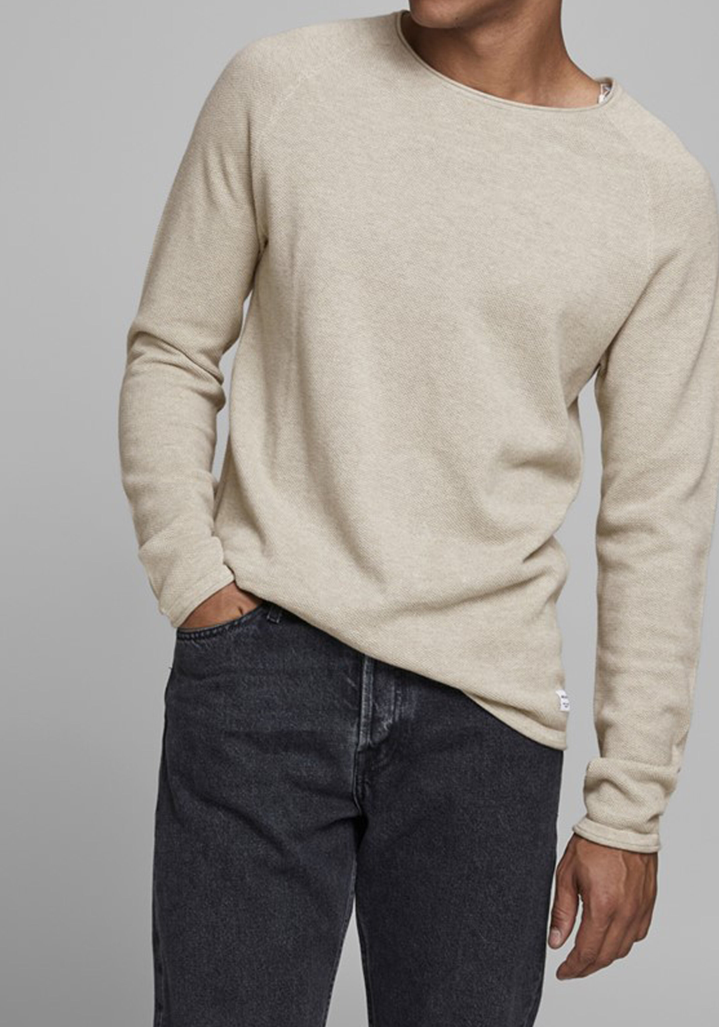 JACK & JONES slim fit trui katoen, O-hals, beige