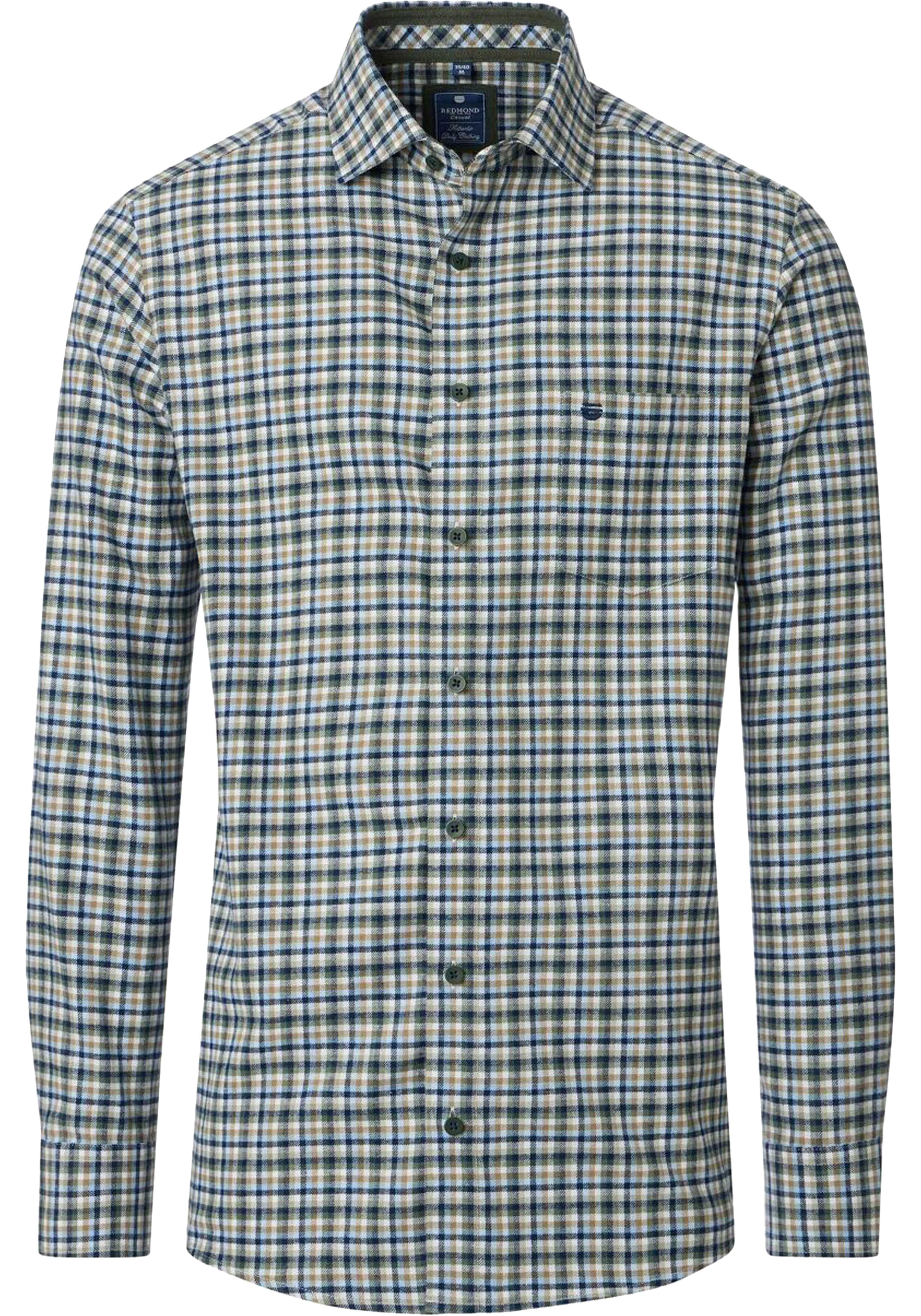 Redmond comfort fit overhemd, flanel, groen met blauw, wit en beige geruit