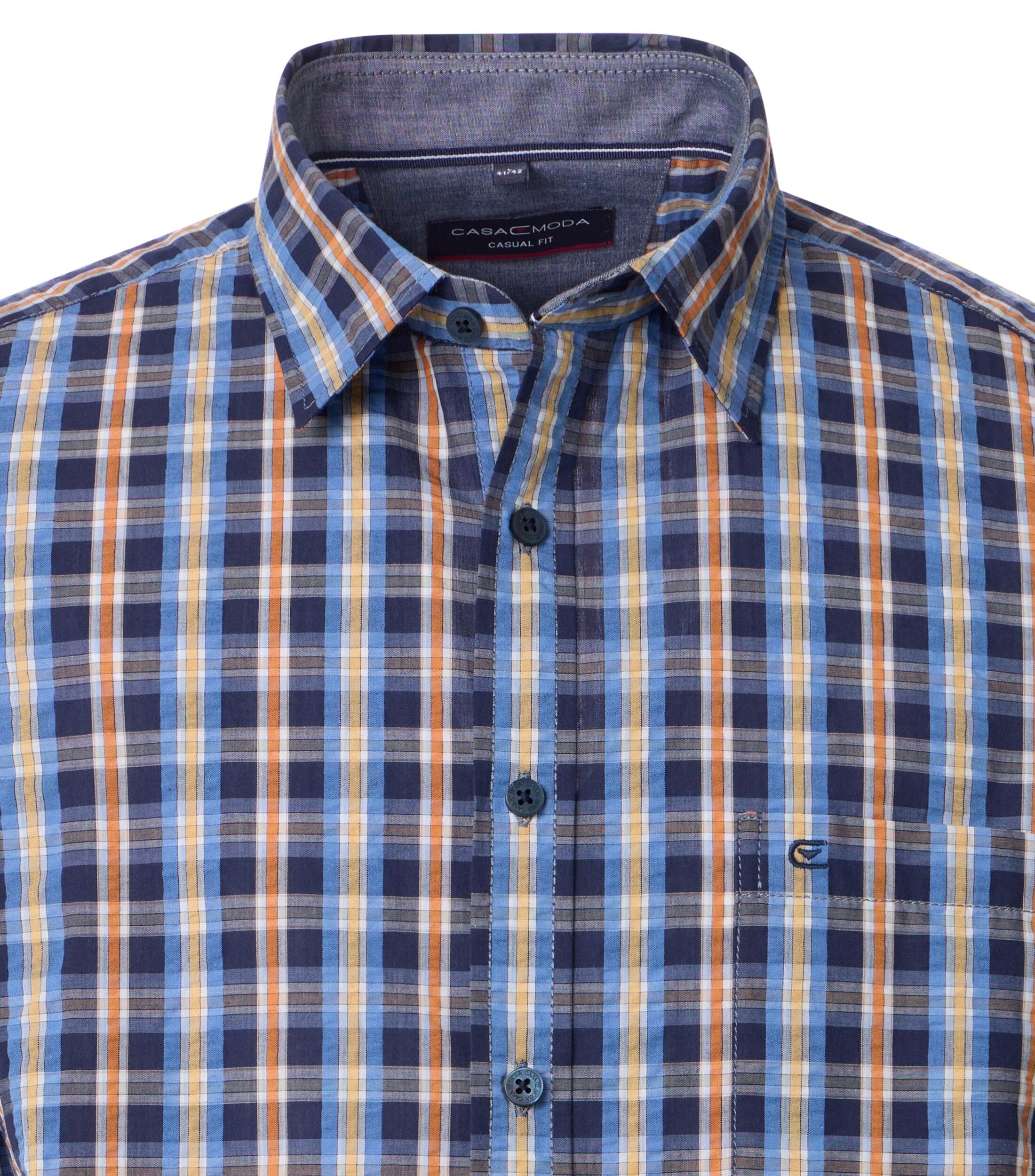CASA MODA Sport casual fit overhemd, korte mouw, seersucker, blauw met oranje en wit geruit