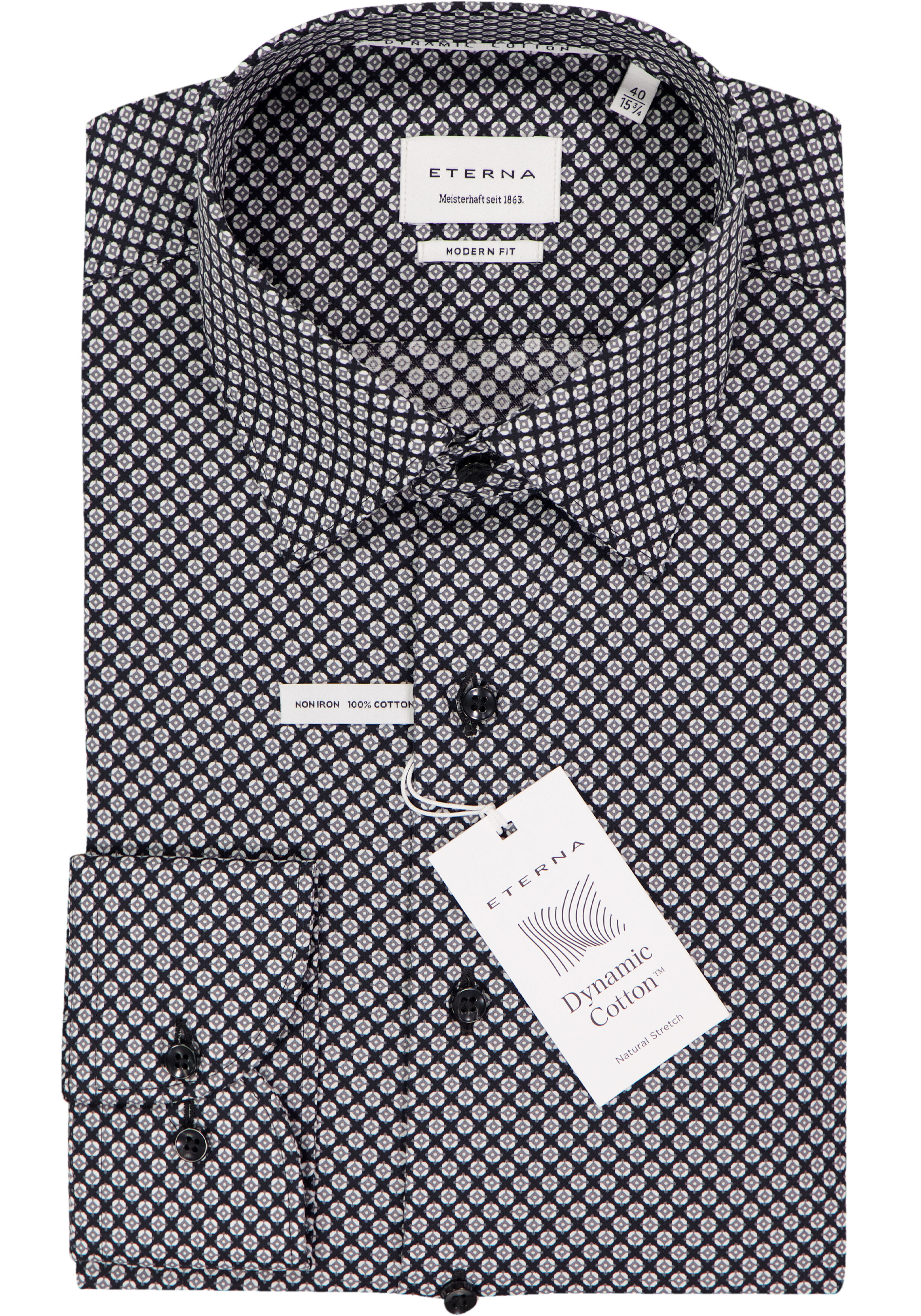ETERNA modern fit overhemd, twill, zwart met grijs en wit dessin