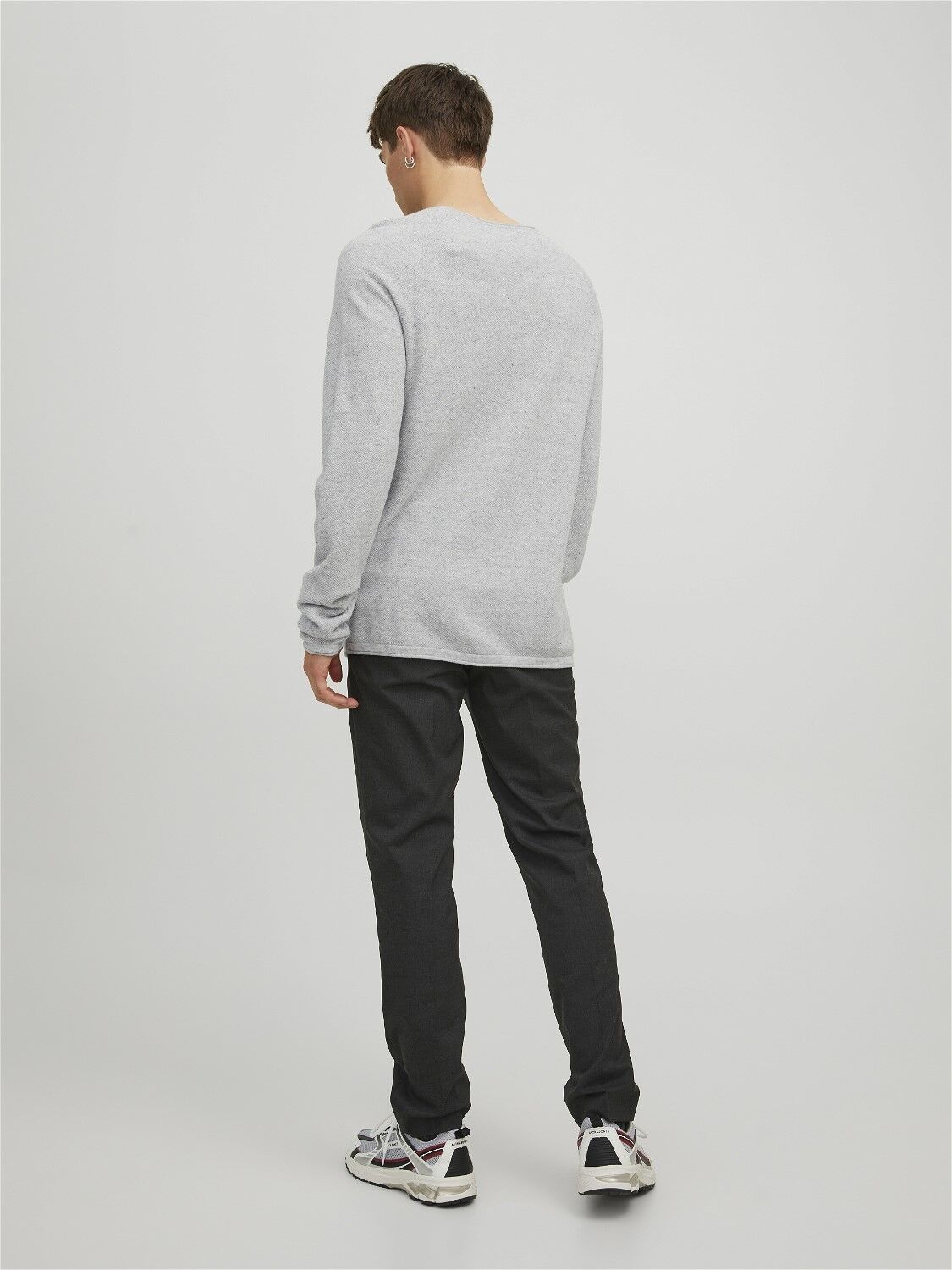 JACK & JONES Hill knit crew neck slim fit, heren pullover katoen met O-hals, lichtgrijs melange