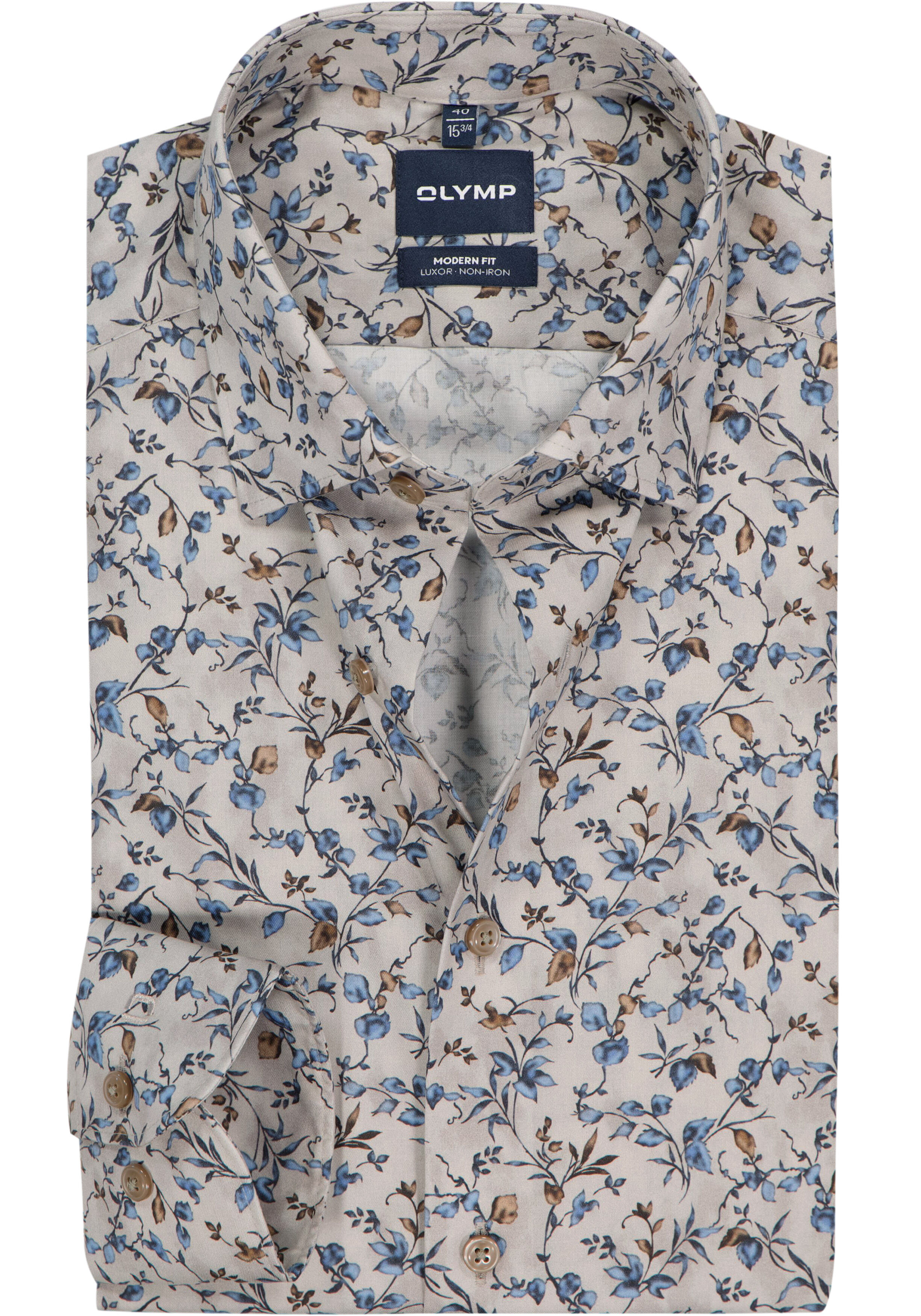 OLYMP Luxor modern fit overhemd, mouwlengte 7, dobby, beige met blauw en groen dessin