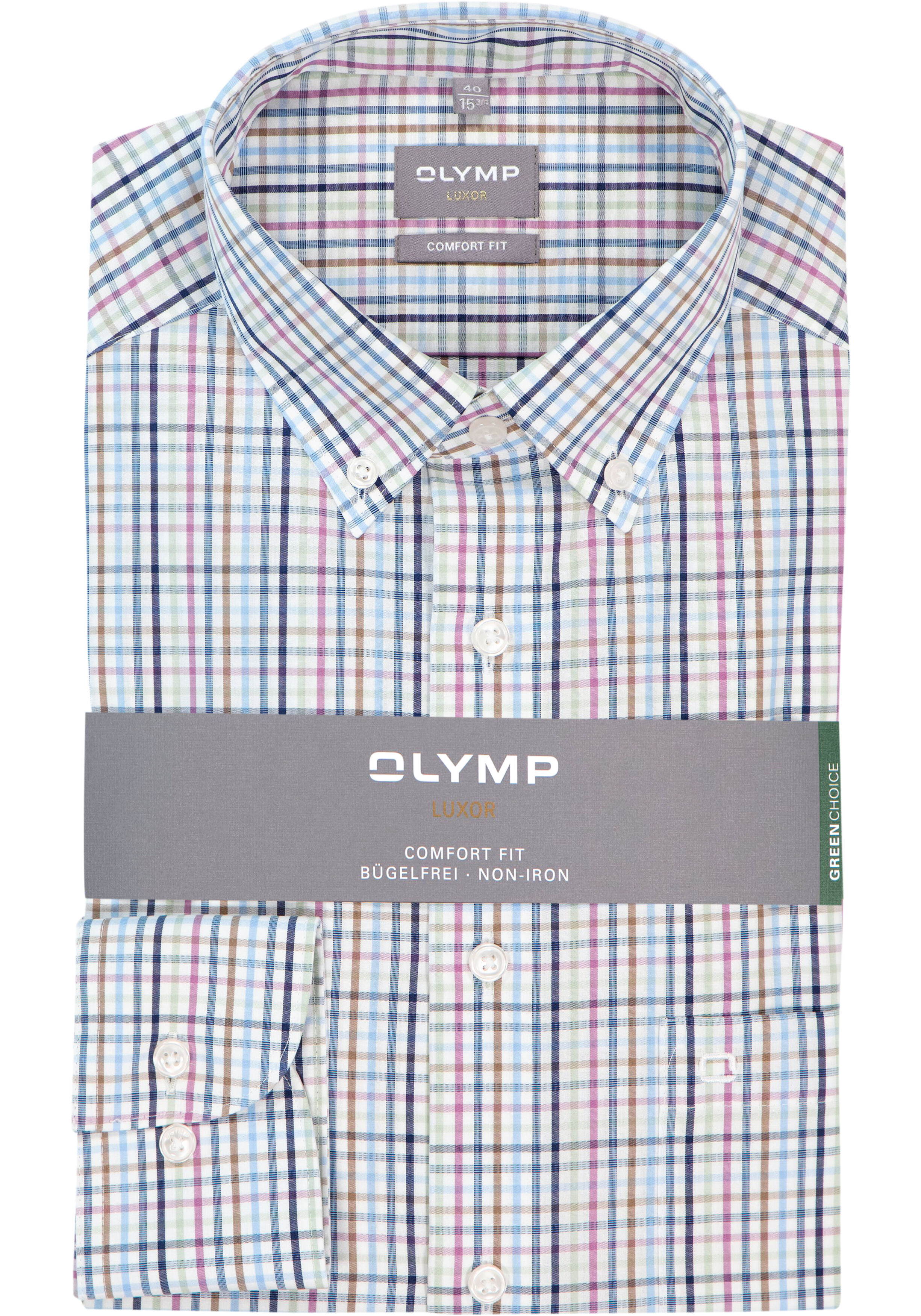 OLYMP Luxor comfort fit overhemd, popeline, wit met blauw en bruin geruit