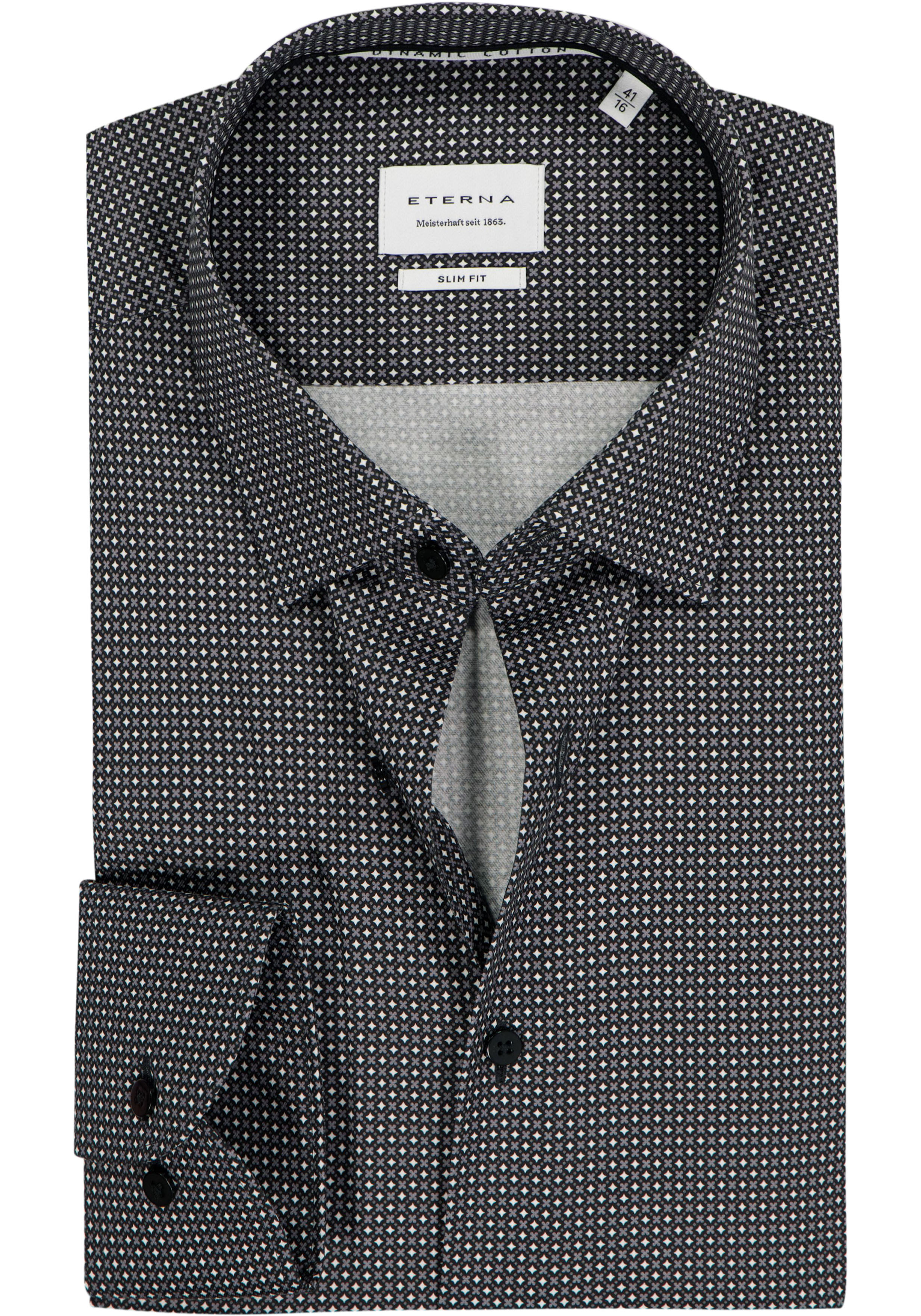 ETERNA slim fit overhemd, twill, zwart met grijs en wit dessin