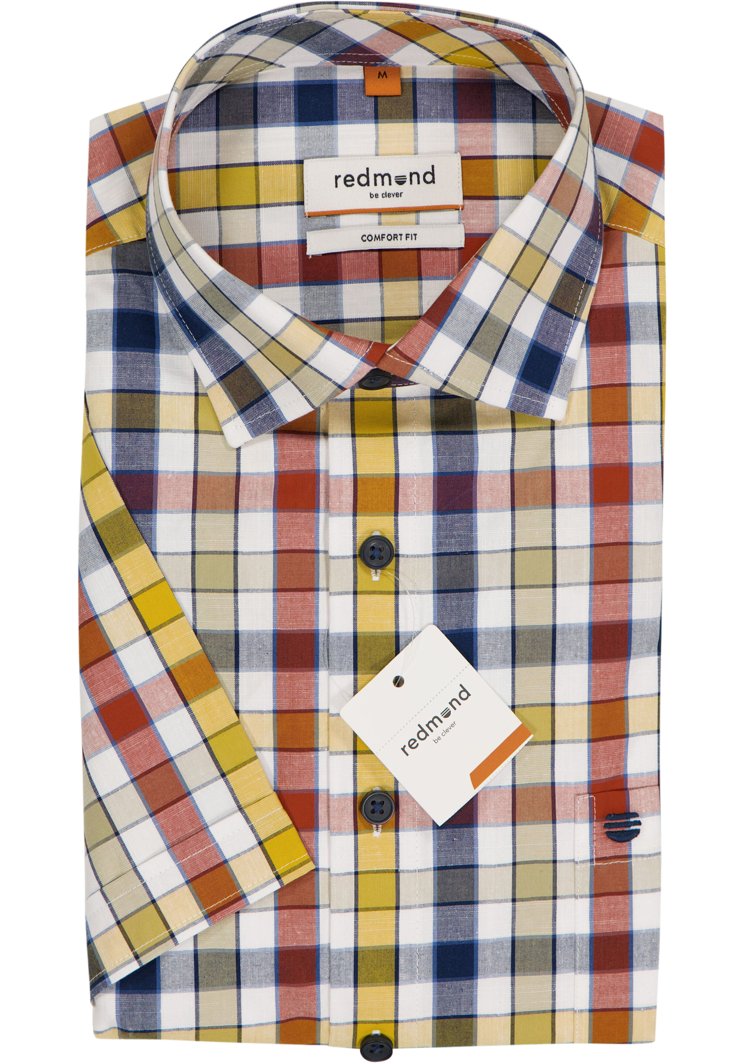 Redmond comfort fit overhemd, korte mouw, chambray, blauw met wit, rood en geel geruit
