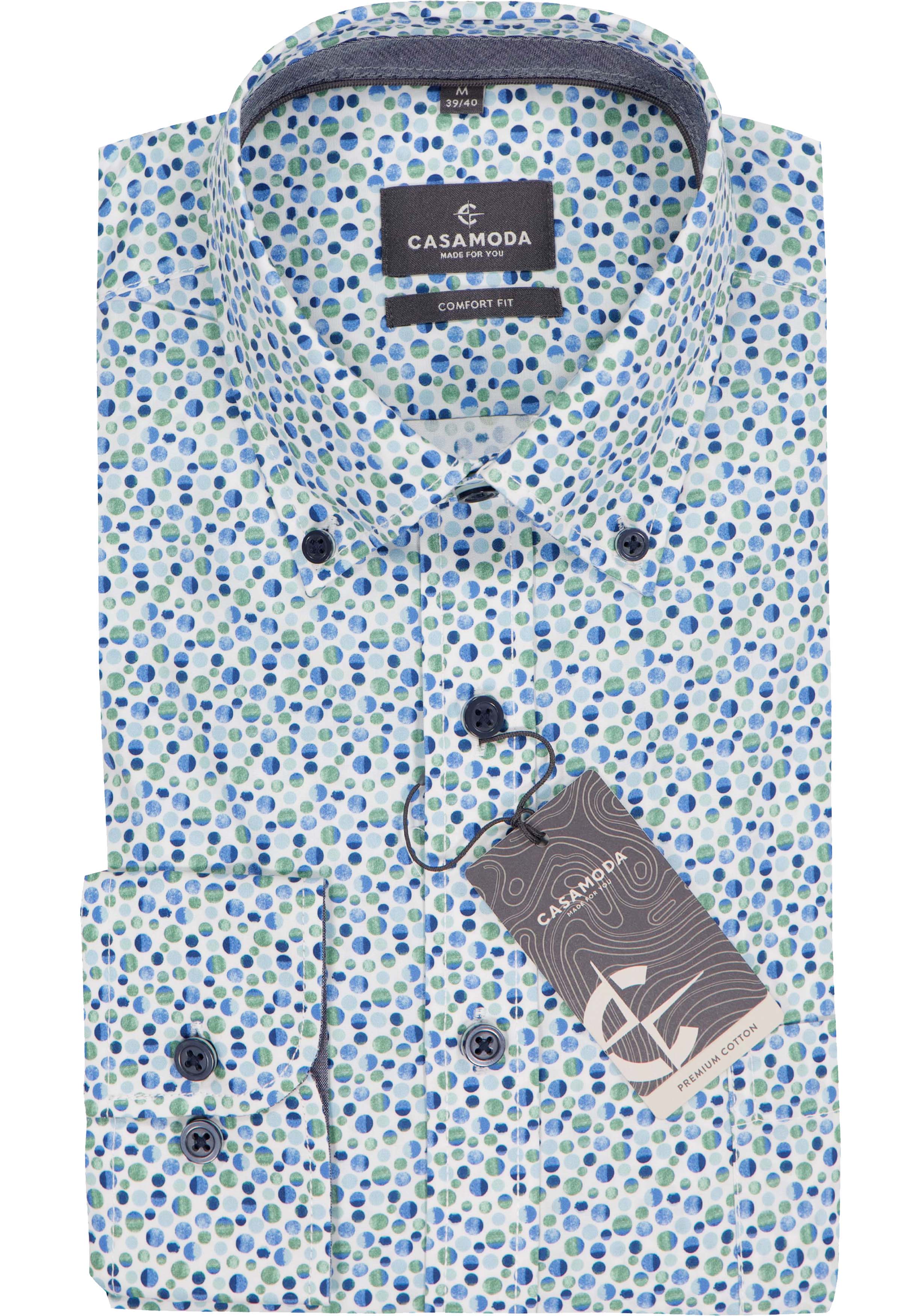 CASAMODA Sport comfort fit overhemd, popeline, wit met groen en blauw balletjes dessin