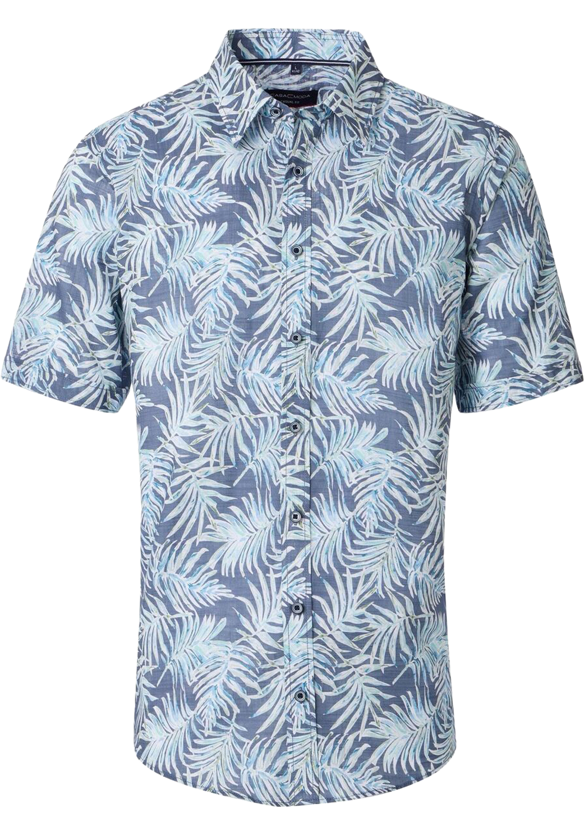 CASA MODA Sport casual fit overhemd, korte mouw, chambray, blauw met wit en groen dessin