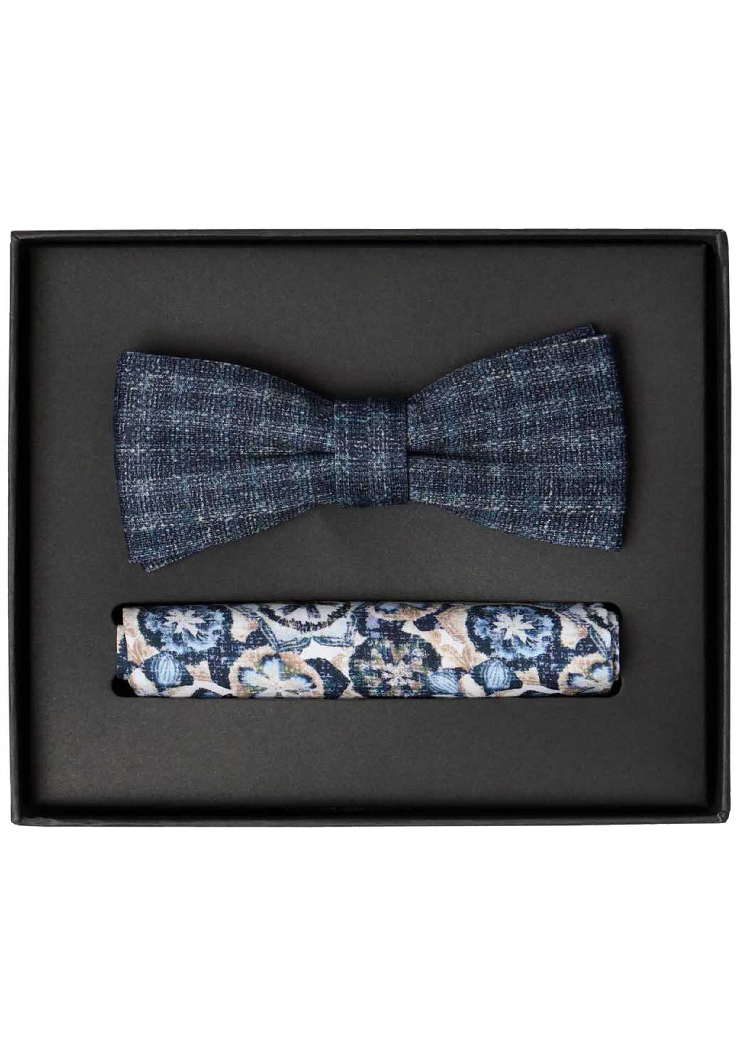 VENTI set met vlinderdas en pochet, donkerblauw, blauw, wit, beige dessin