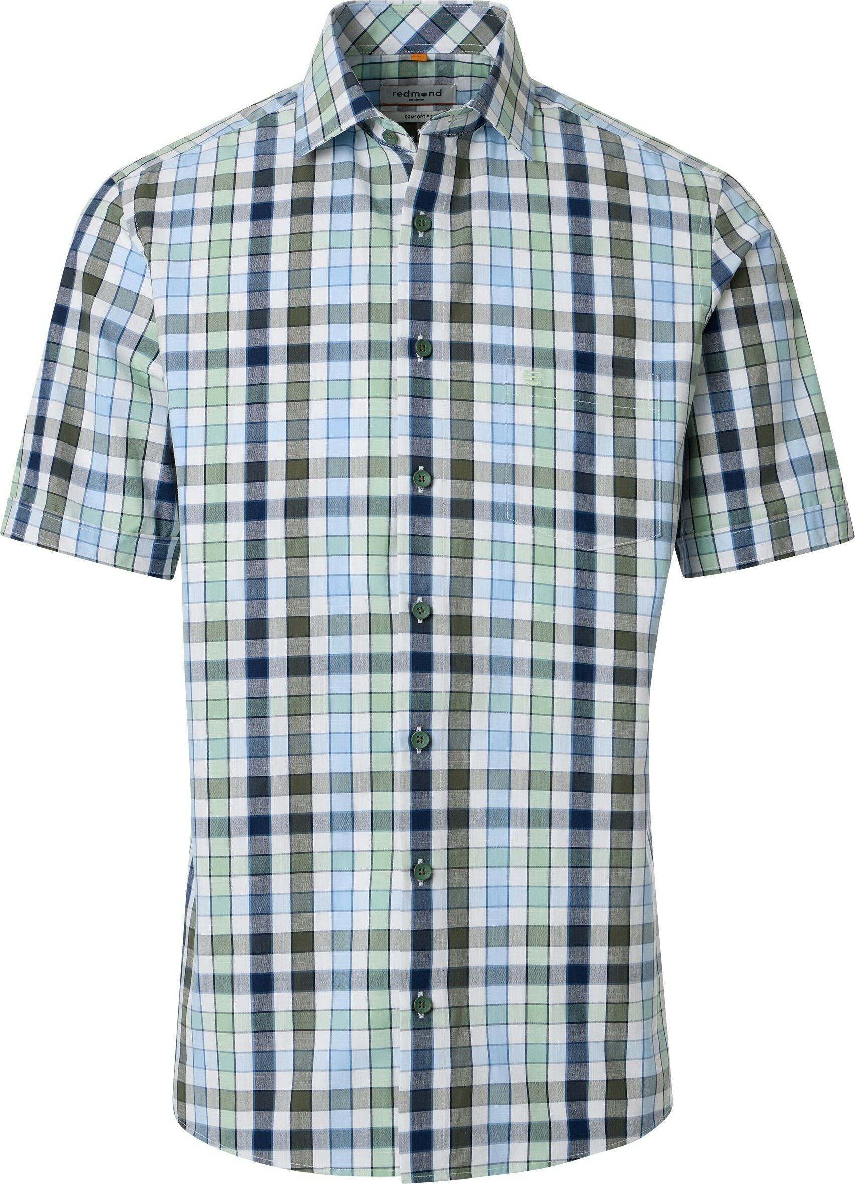 Redmond modern fit overhemd, korte mouw, chambray, wit, groen, blauw geruit