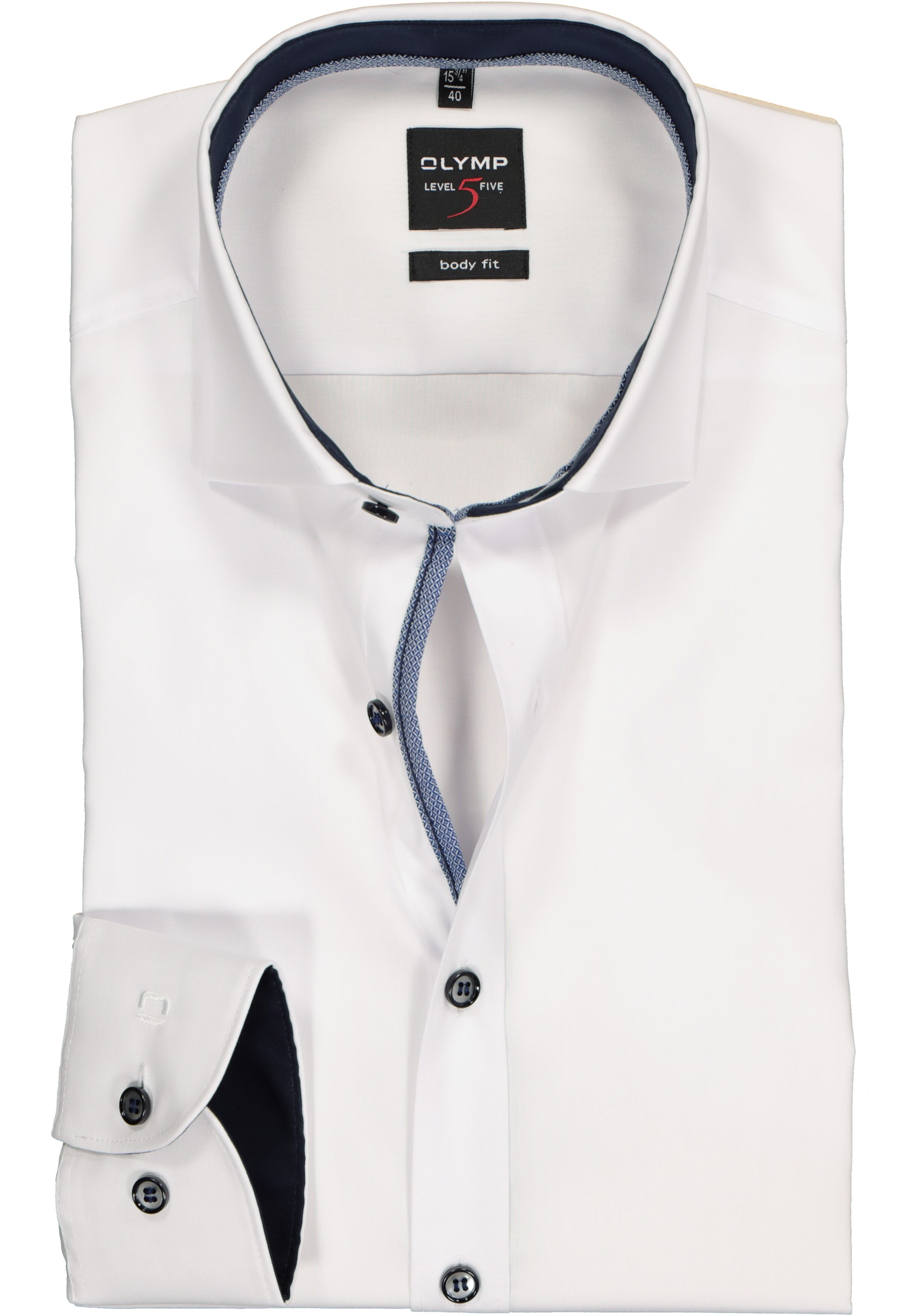 OLYMP Level 5 body fit overhemd, mouwlengte 7, wit  (blauw contrast)