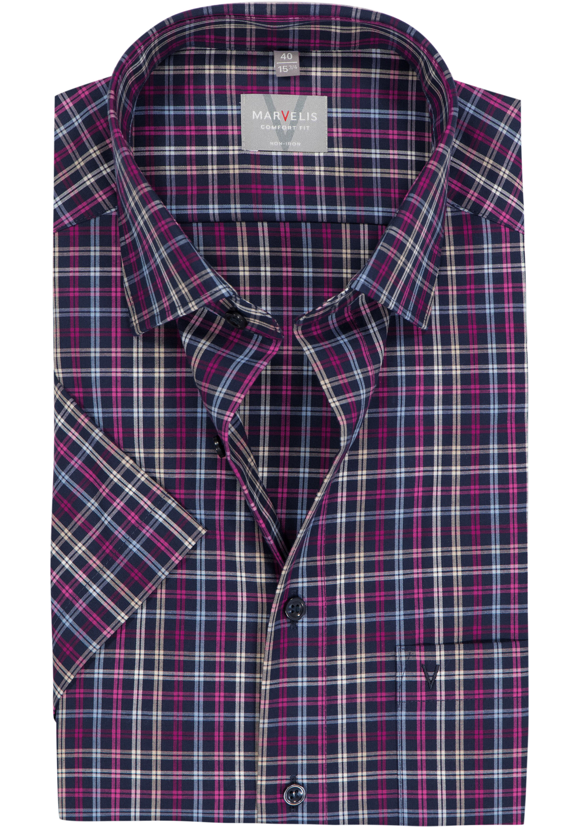 MARVELIS comfort fit overhemd, korte mouw, popeline, donkerblauw met roze en lichtblauw geruit