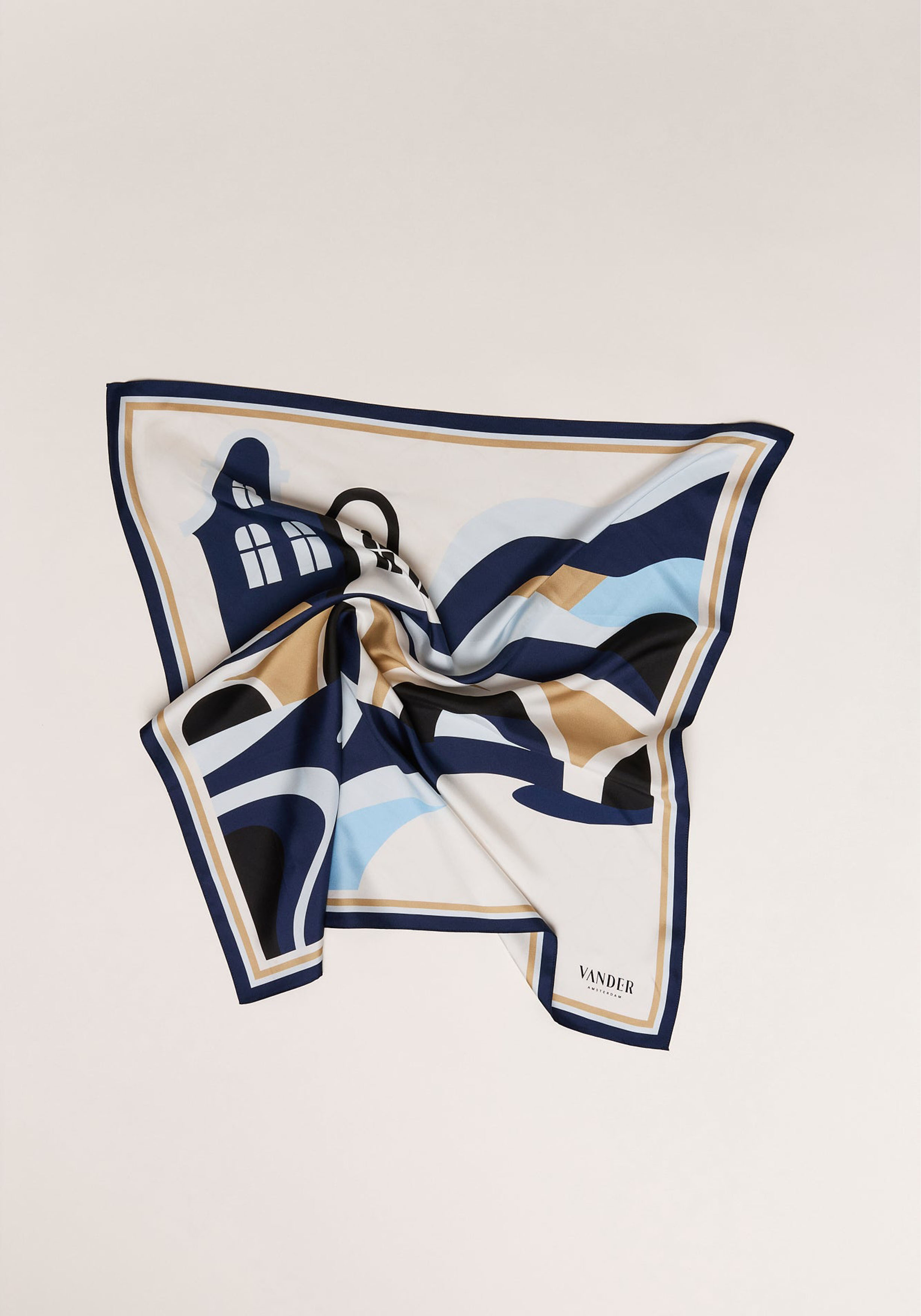 Vander Amsterdam zijden sjaal, twill, blauw met beige dessin