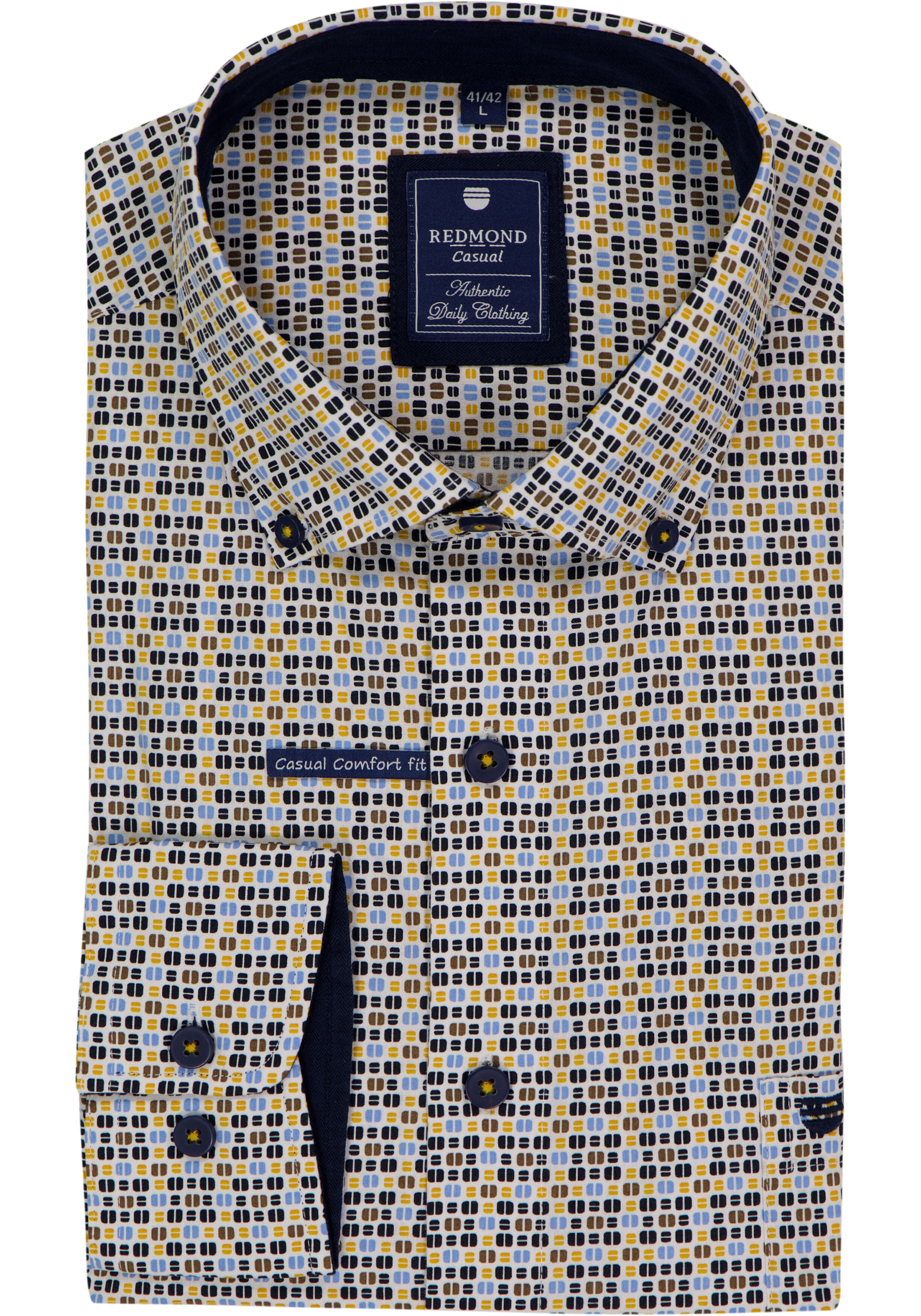 Redmond comfort fit overhemd, popeline, wit met blauw, geel en bruin dessin