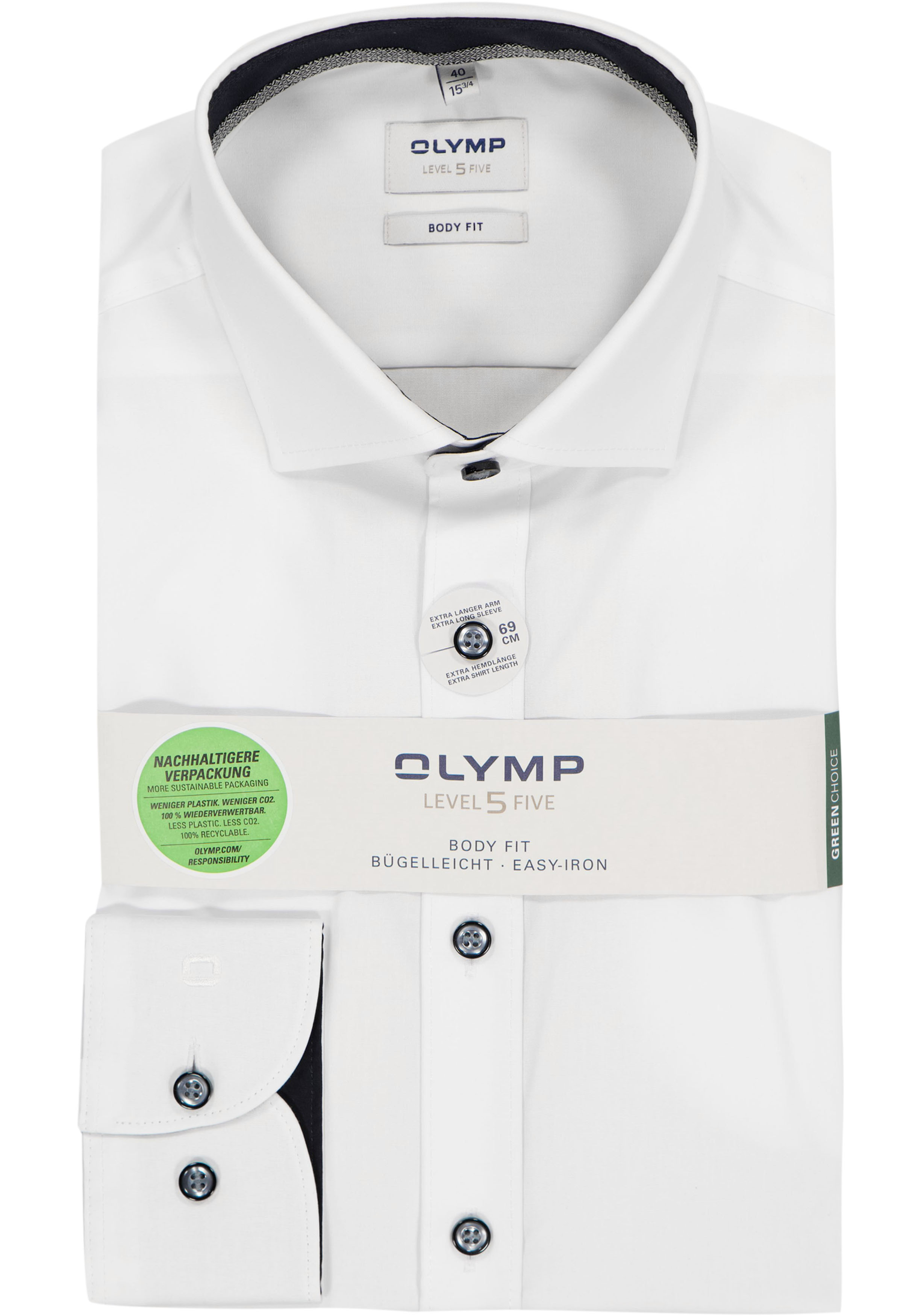 OLYMP Level 5 body fit overhemd, mouwlengte 7, wit (zwart contrast)