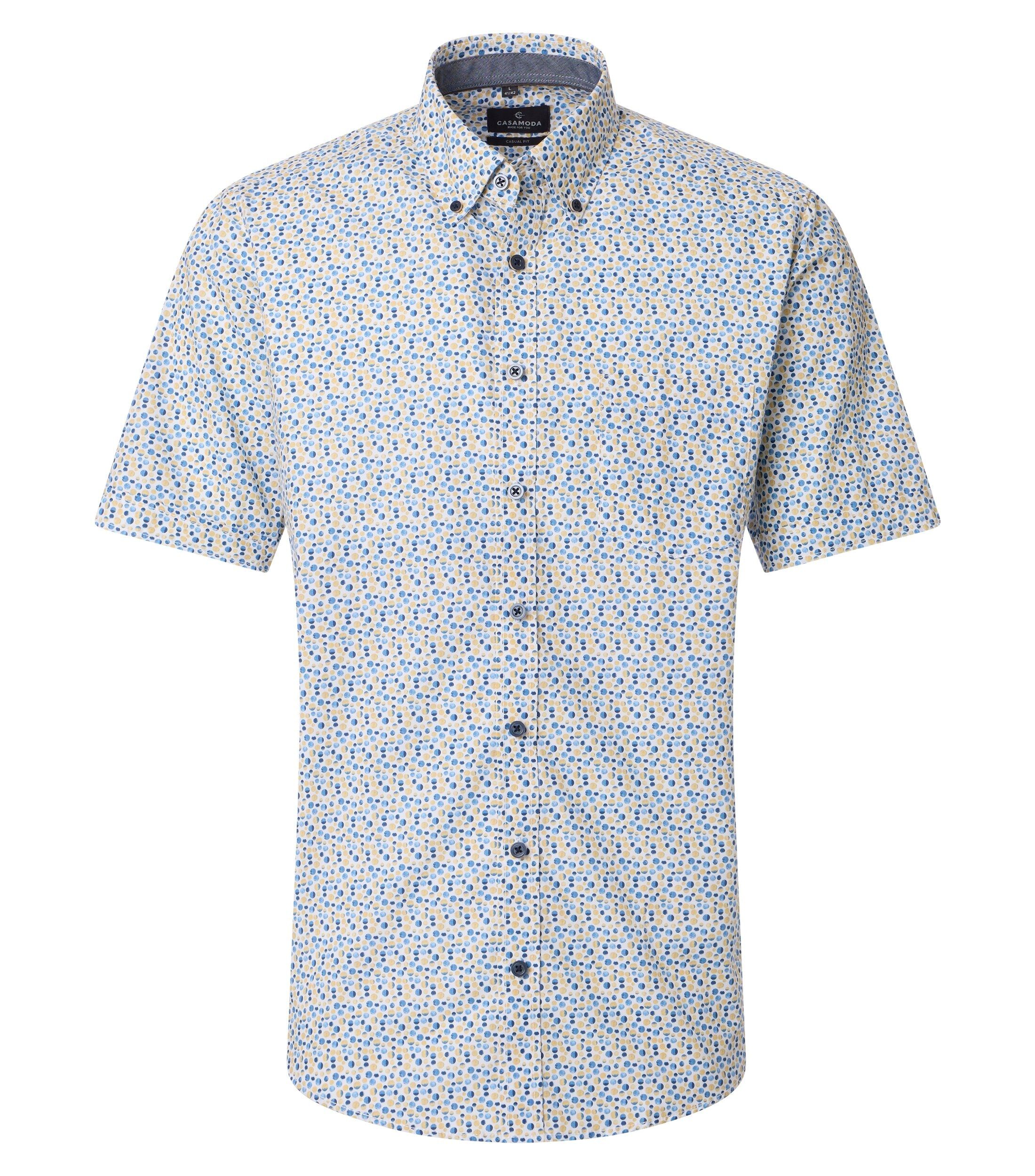 CASA MODA Sport casual fit overhemd, korte mouw, twill, wit met geel en blauw balletjes dessin