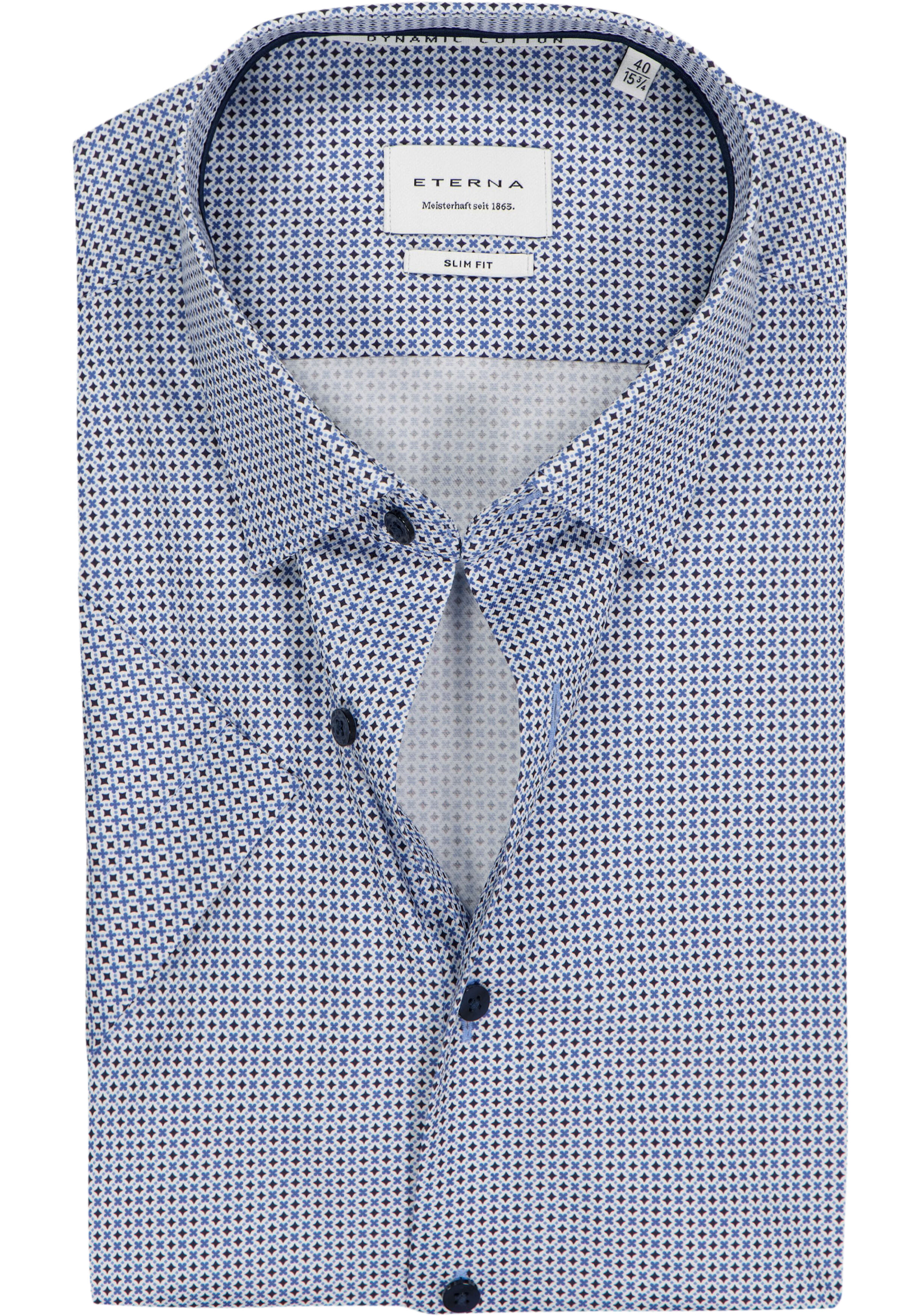 ETERNA slim fit overhemd korte mouw, twill, wit met licht- en donkerblauw dessin