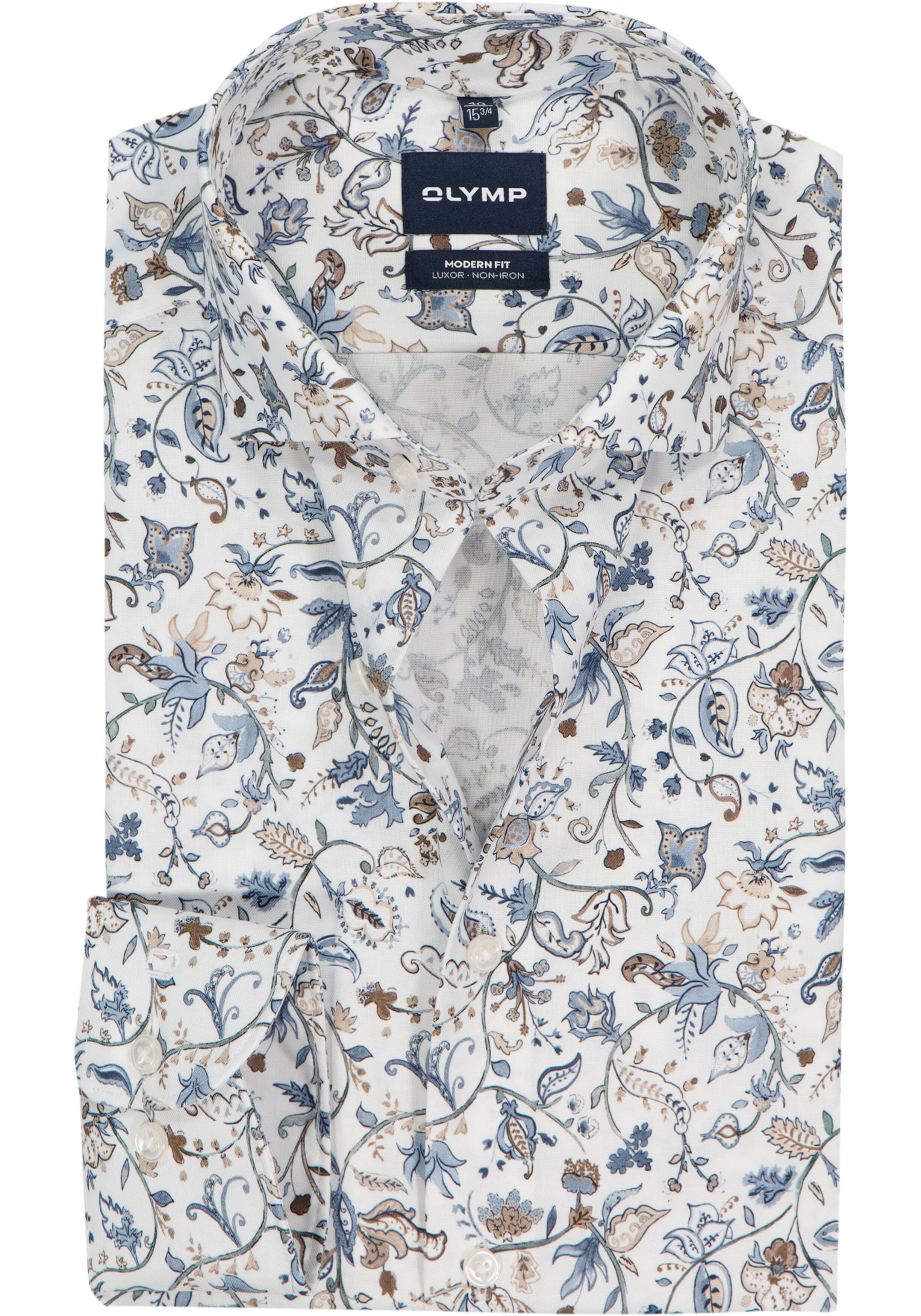 OLYMP Luxor modern fit overhemd, dobby, wit met olijfgroen en blauw dessin