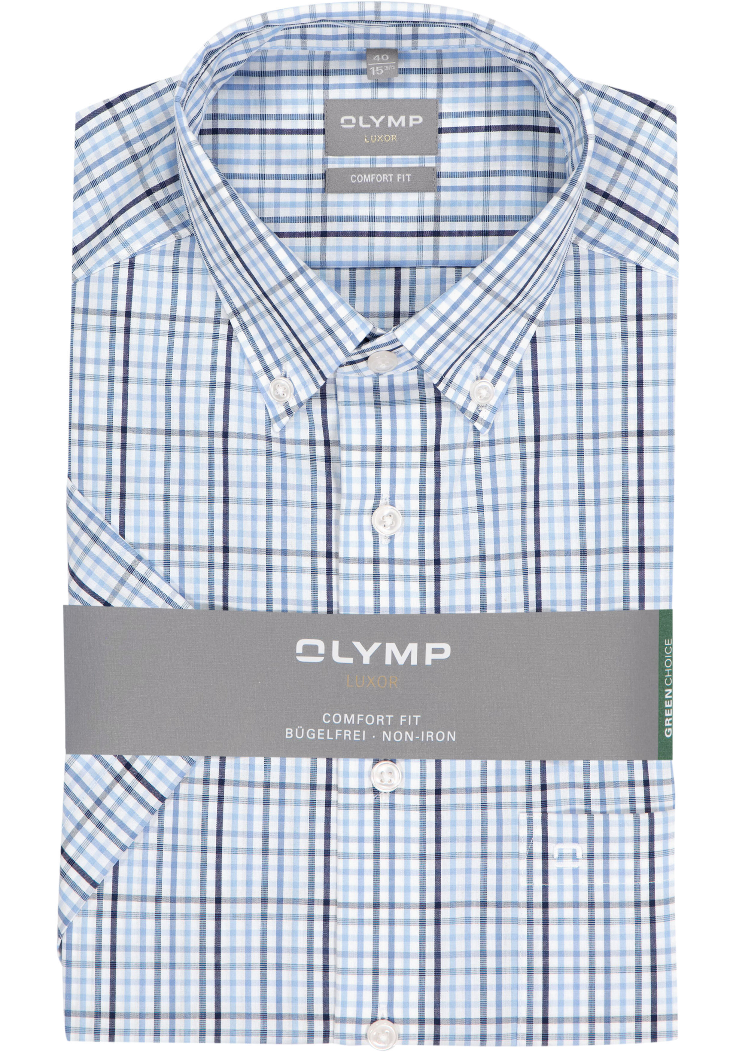 OLYMP Luxor comfort fit overhemd, korte mouw, popeline, wit met blauw en groen geruit
