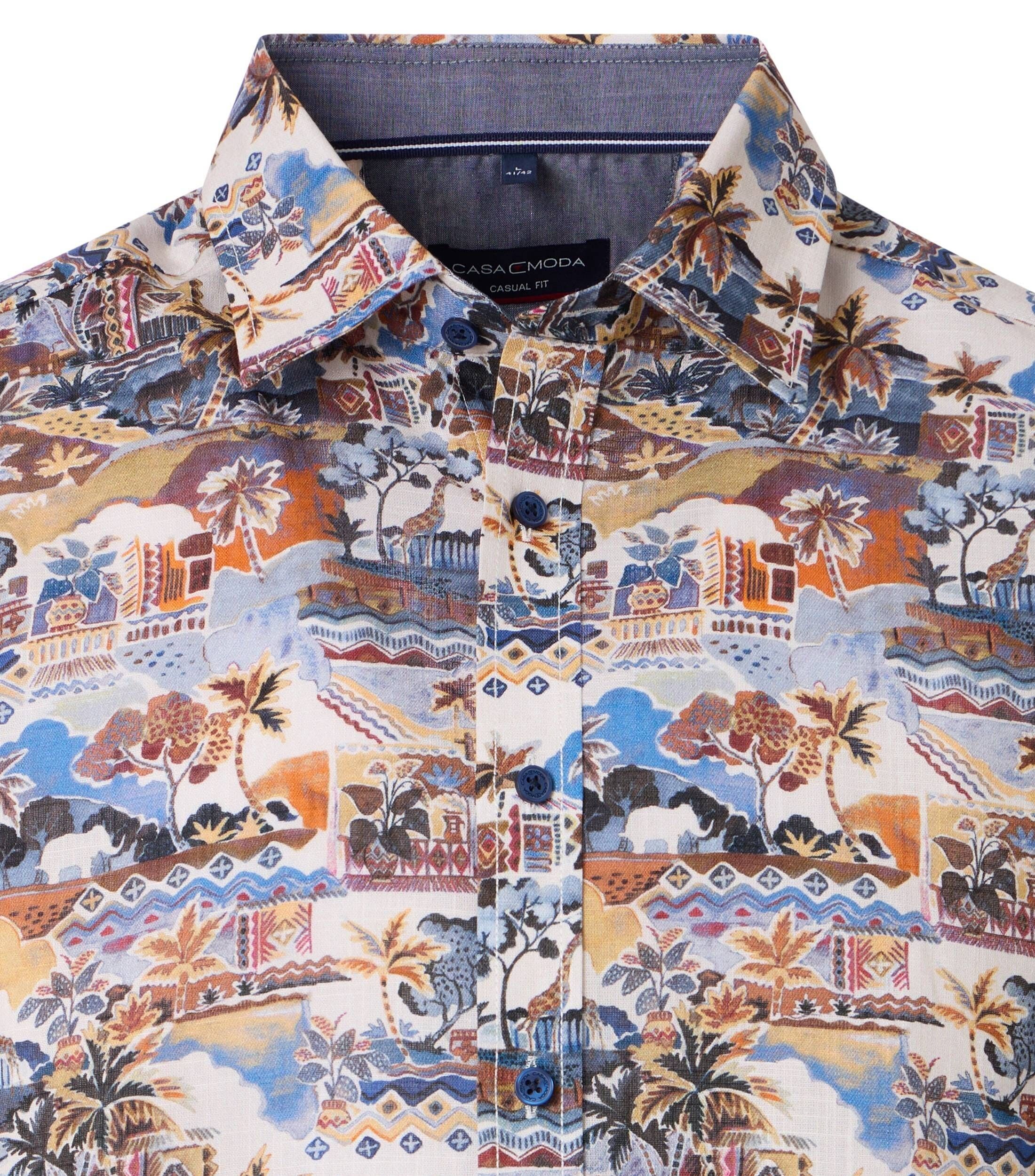 CASA MODA Sport casual fit overhemd, chambray, wit met blauw, beige en oranje dessin