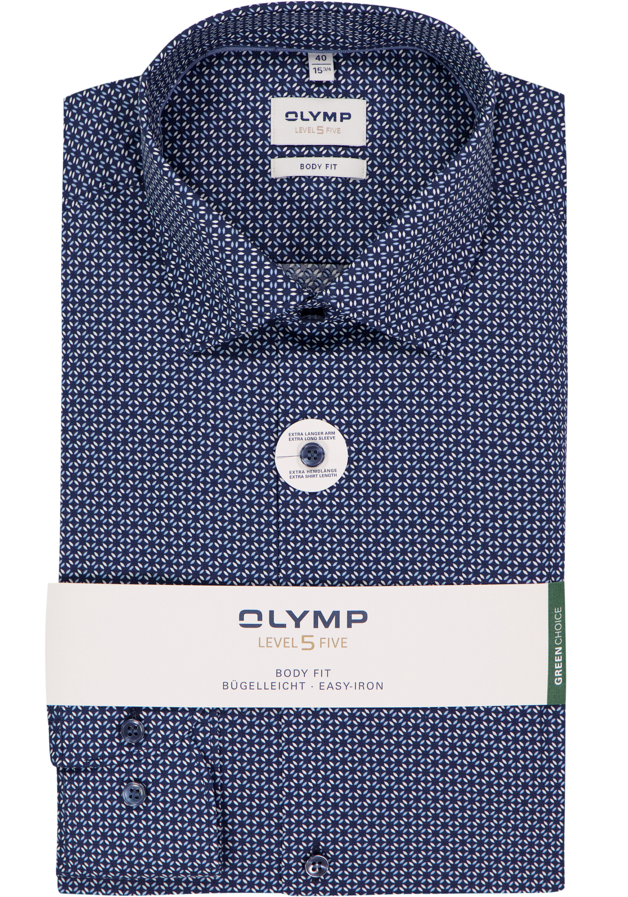 OLYMP Level 5 body fit overhemd, mouwlengte 7, popeline, marine blauw dessin