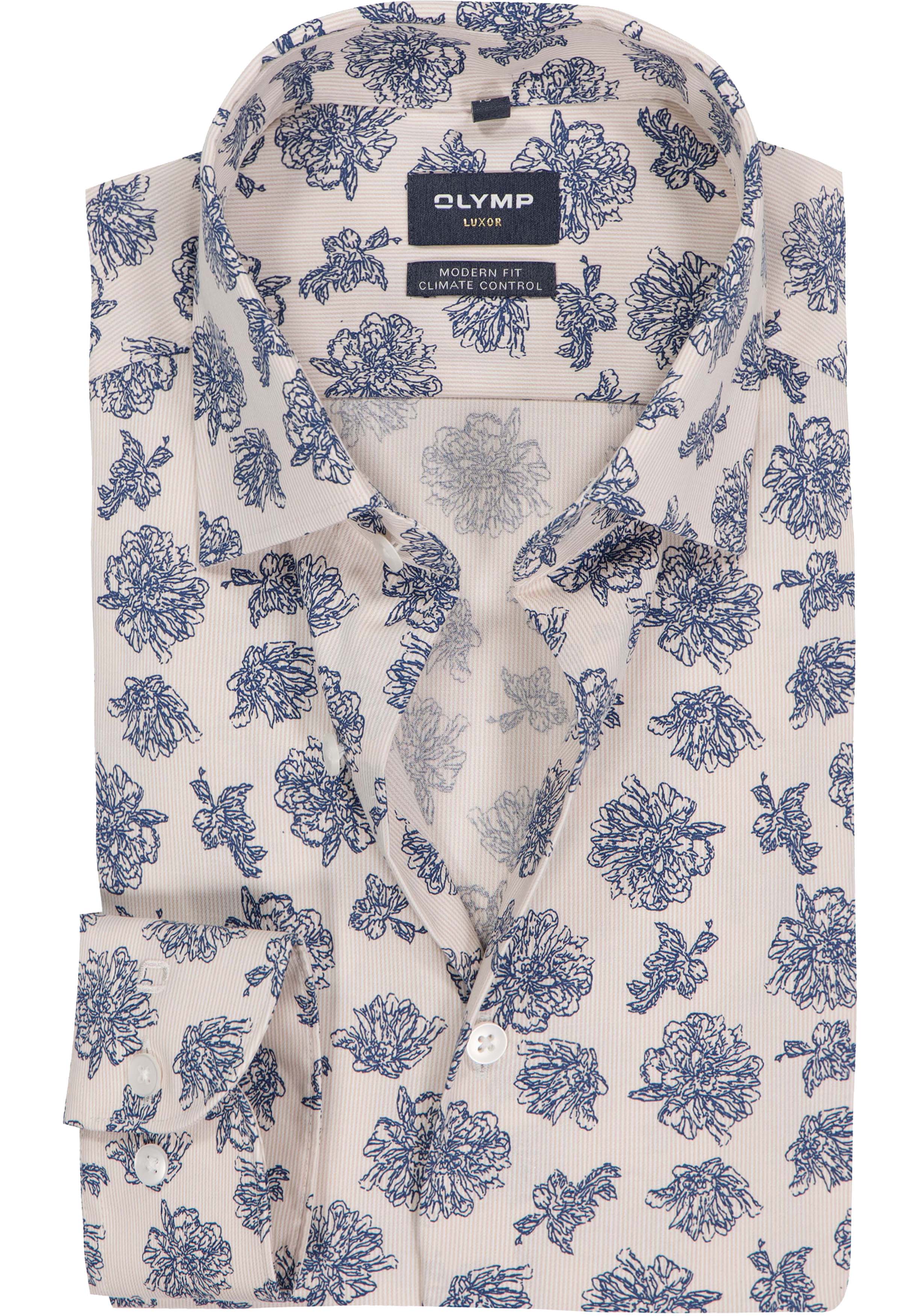 OLYMP 24/7 Luxor modern fit overhemd, popeline, offwhite met blauw bloemen dessin