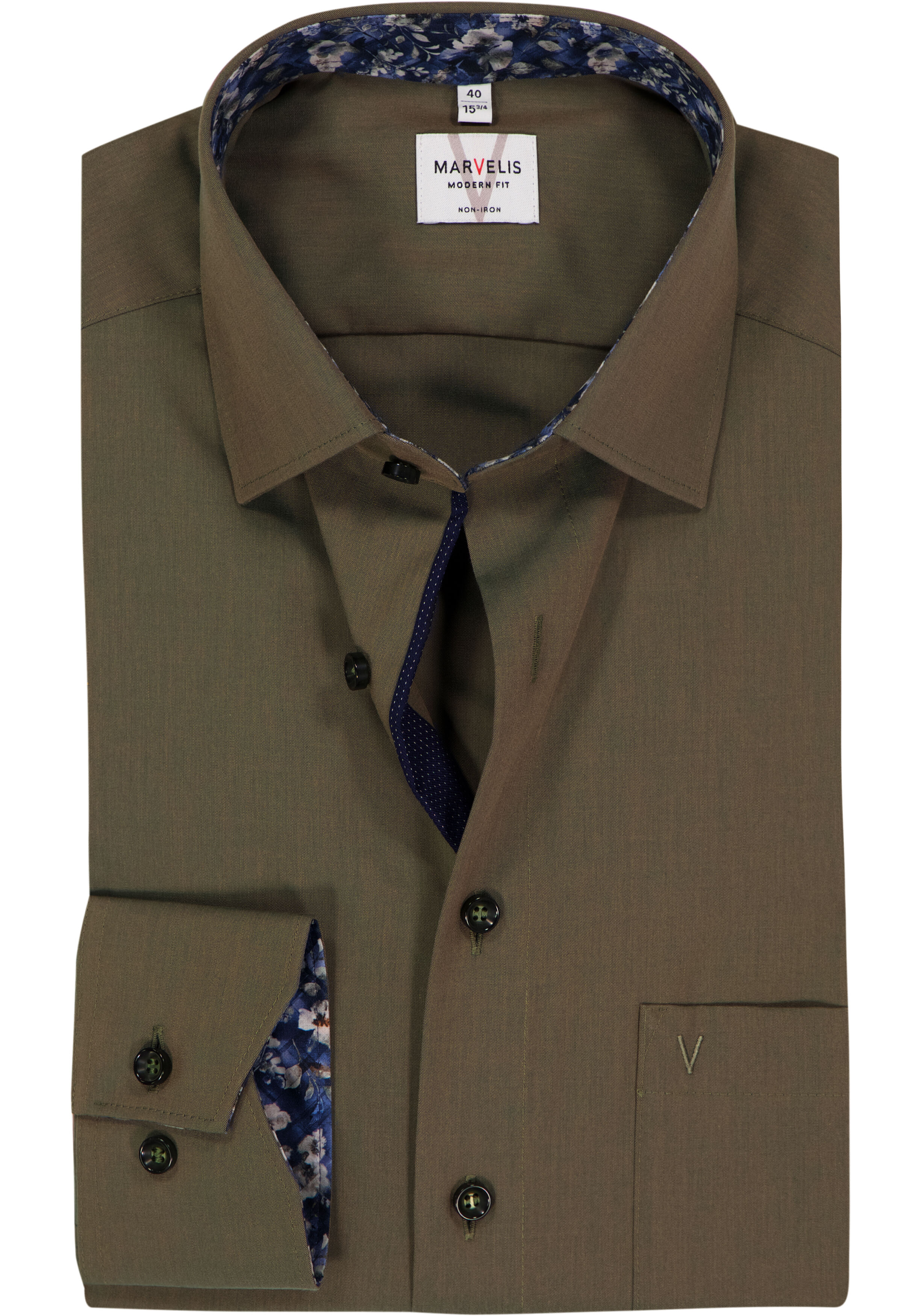 MARVELIS modern fit overhemd, popeline, olijfgroen