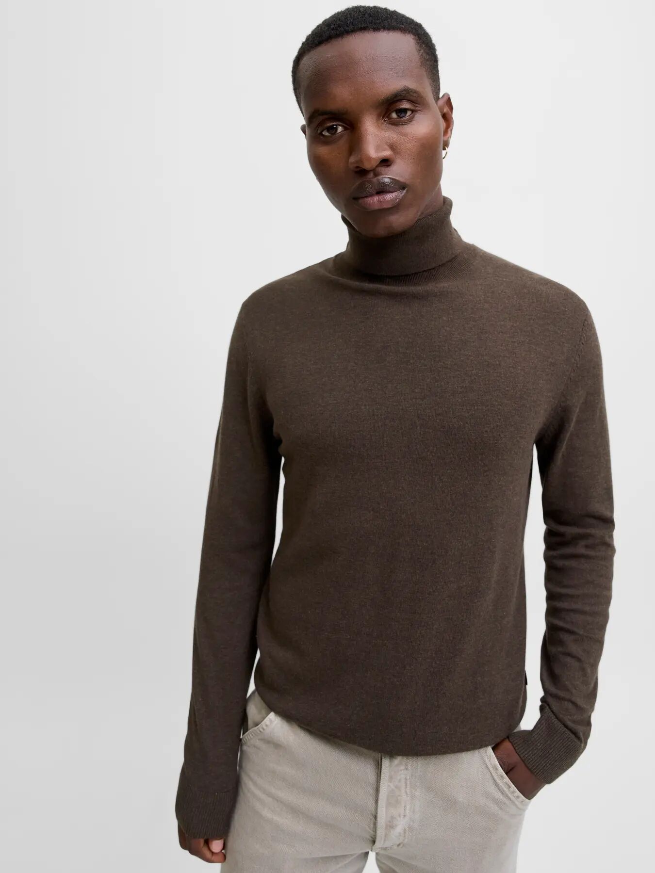 JACK & JONES Emil knit roll neck slim fit, heren pullover viscosemengsel met col, bruin (mulch twist)
