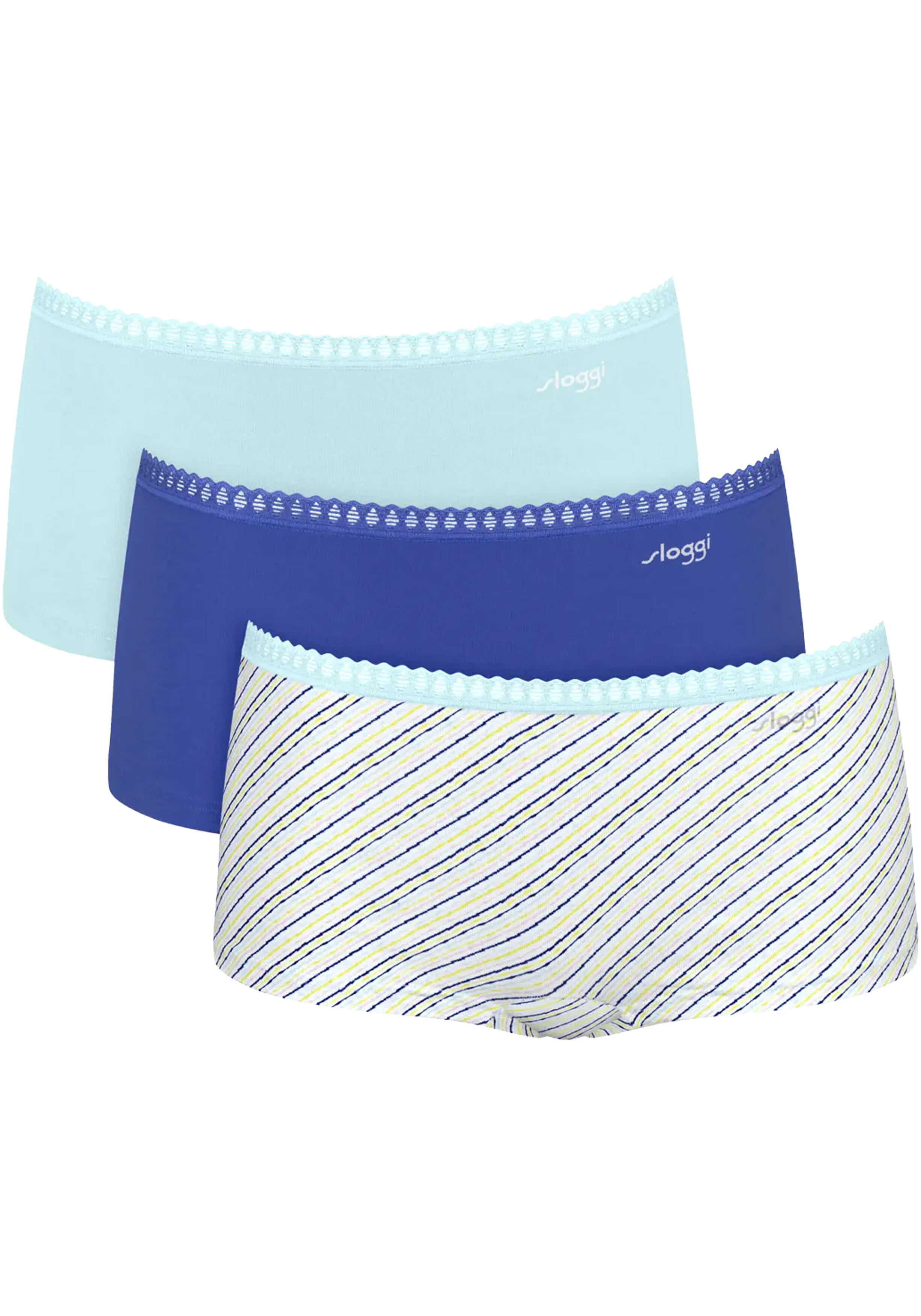 Sloggi Women GO Crush Short (3-pack), dames boxer, lichtblauw, kobaltblauw en blauw, wit en geel gestreept