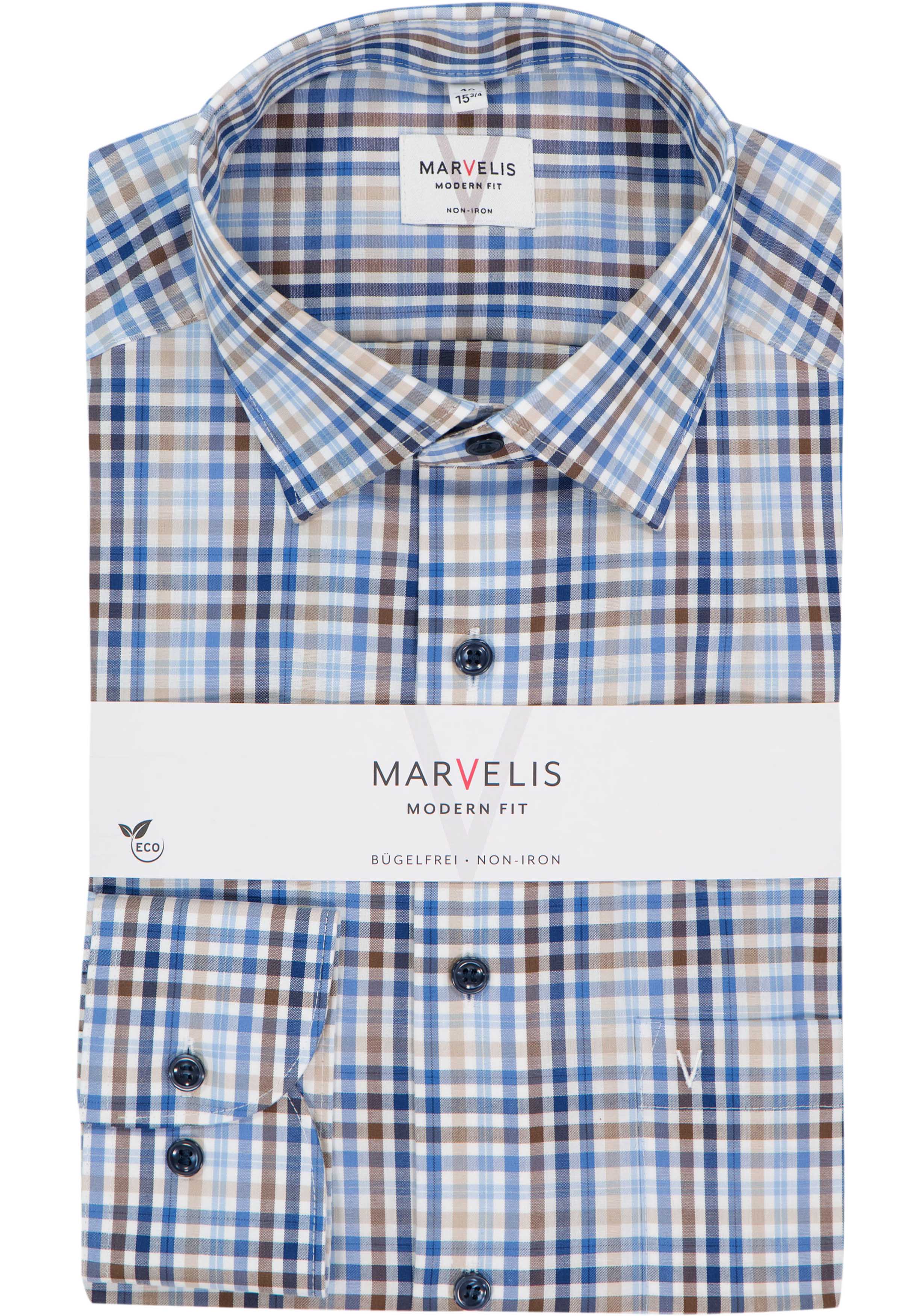 MARVELIS modern fit overhemd, popeline, wit met blauw, beige en bruin geruit