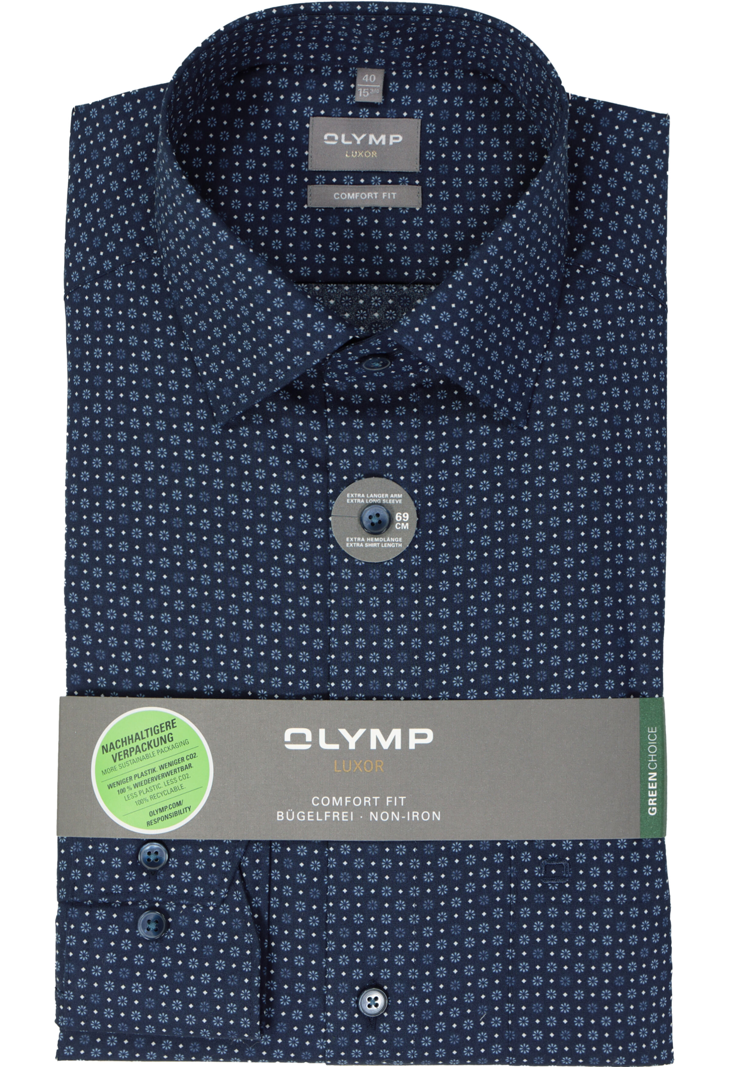 OLYMP comfort fit overhemd, mouwlengte 7, popeline, marine blauw dessin