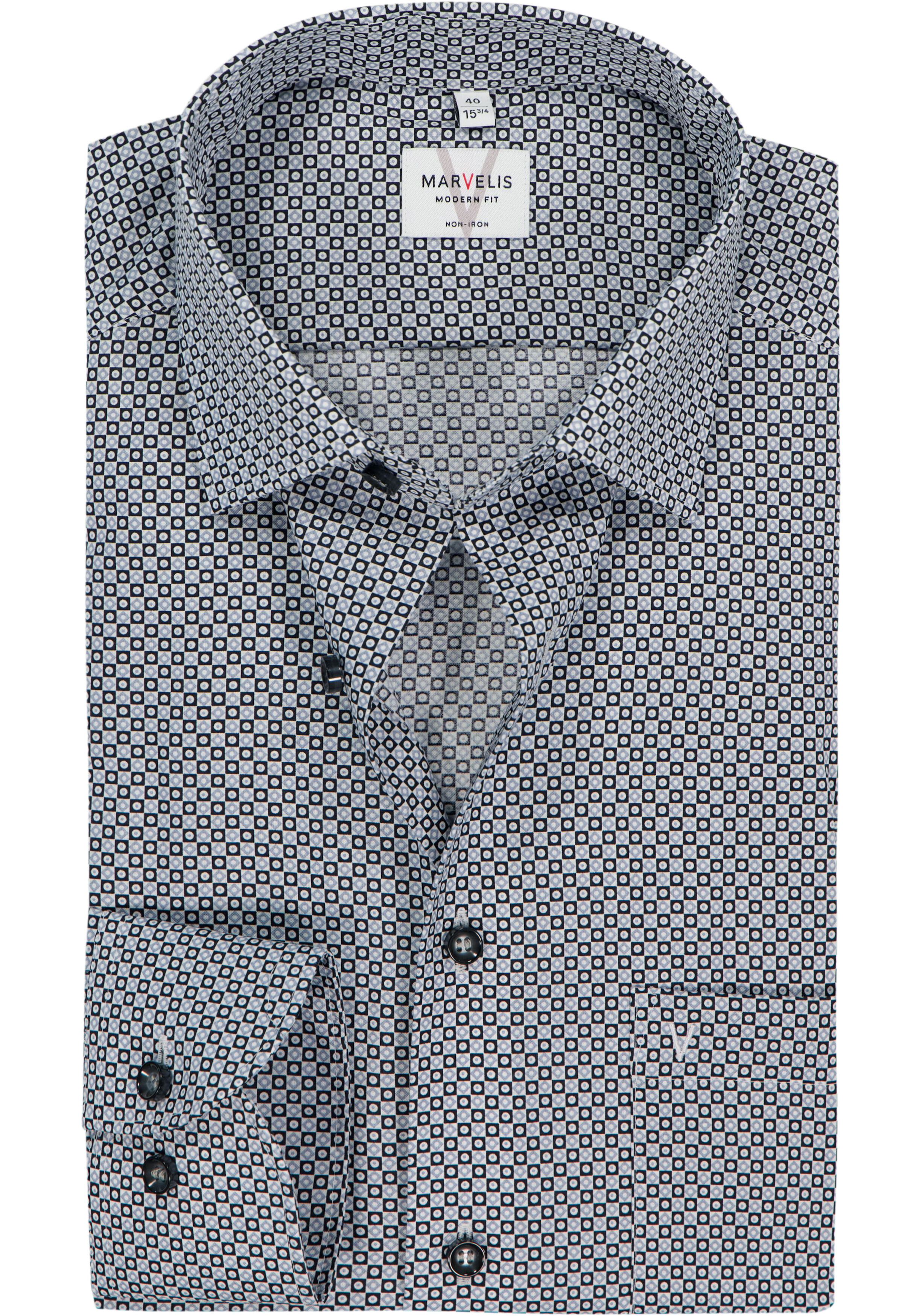 MARVELIS modern fit overhemd, mouwlengte 7, popeline, wit met zwart en grijs dessin