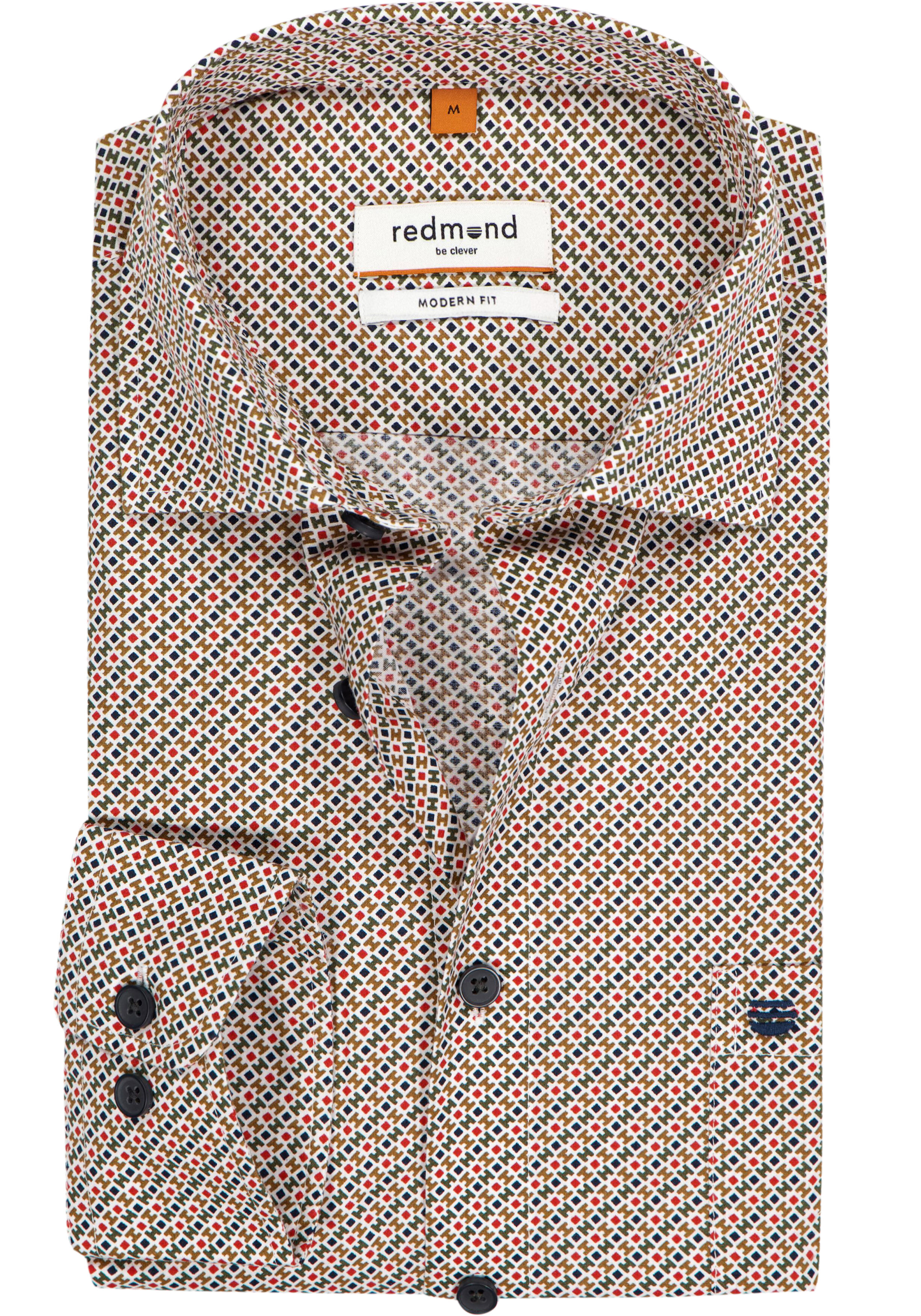 Redmond modern fit overhemd, popeline, blauw met olijfgroen, rood en wit dessin