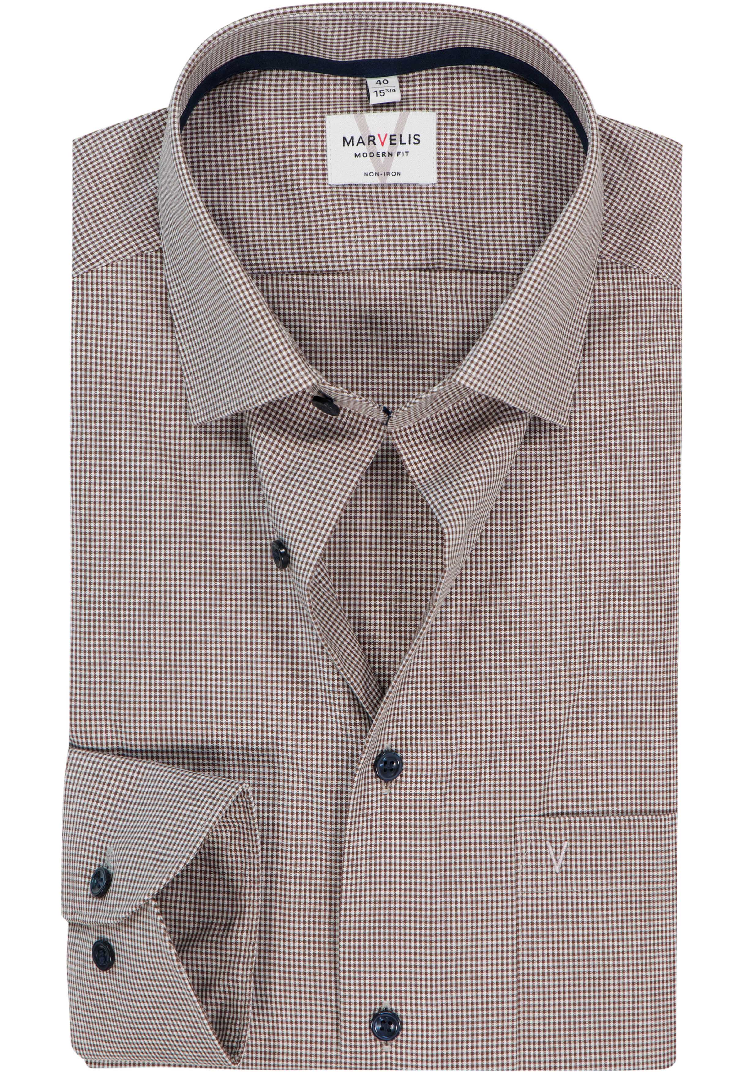 MARVELIS modern fit overhemd, popeline, donkerbruin met wit geruit