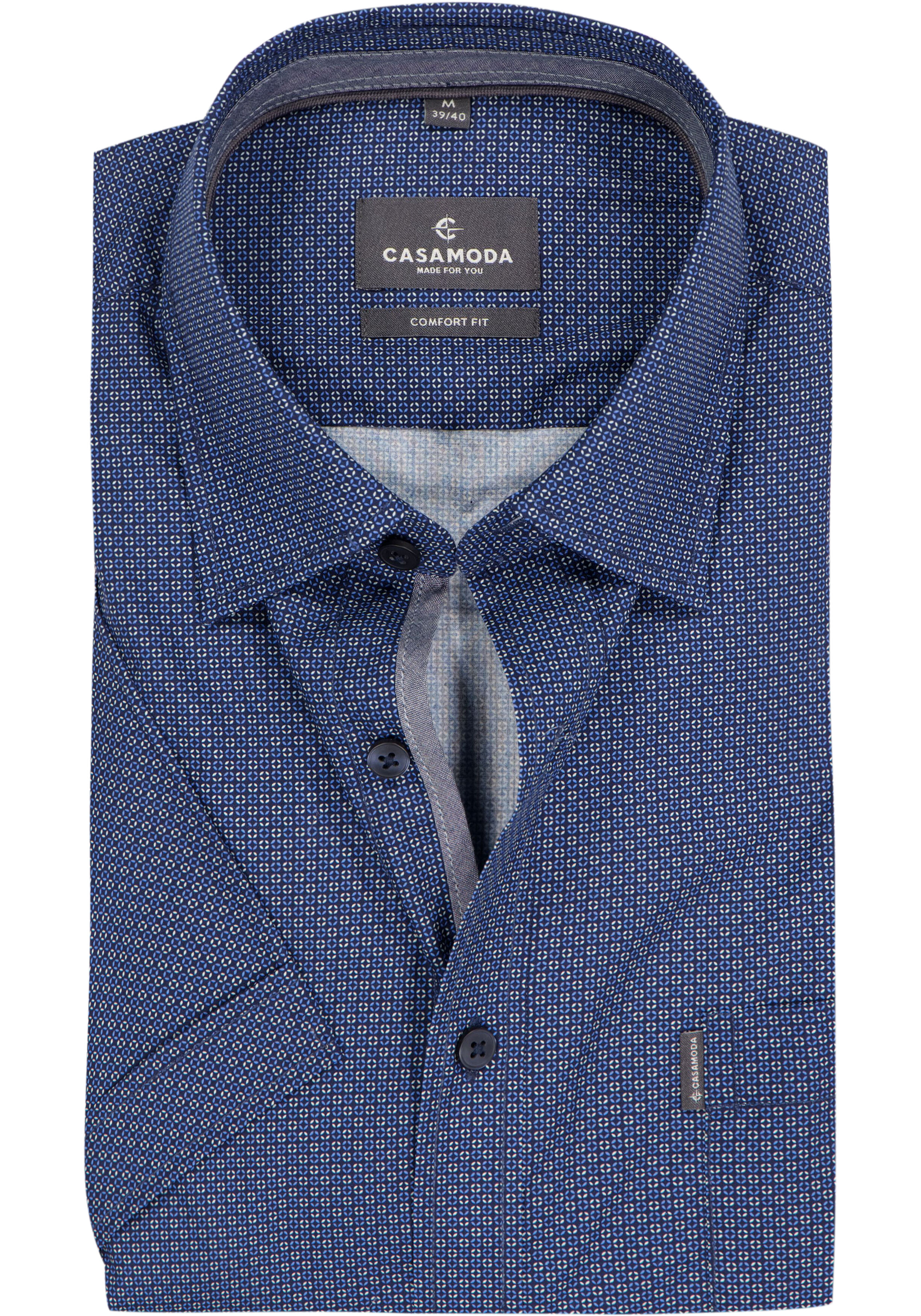 CASAMODA Sport comfort fit overhemd, korte mouw, popeline, donker- en lichtblauw met geel dessin
