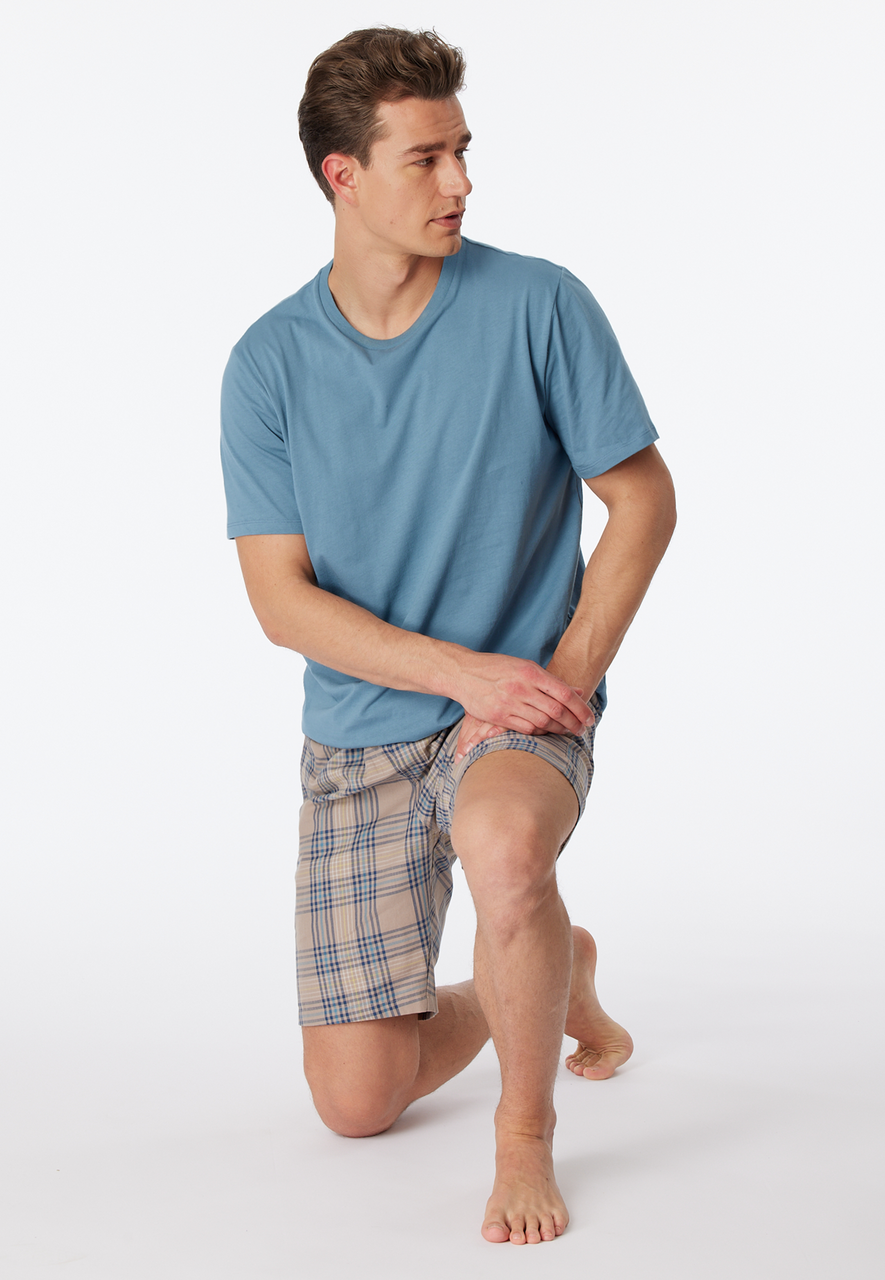 SCHIESSER Mix+Relax loungebroek kort, heren bermuda stof biologisch katoen ruitjes bruin-grijs