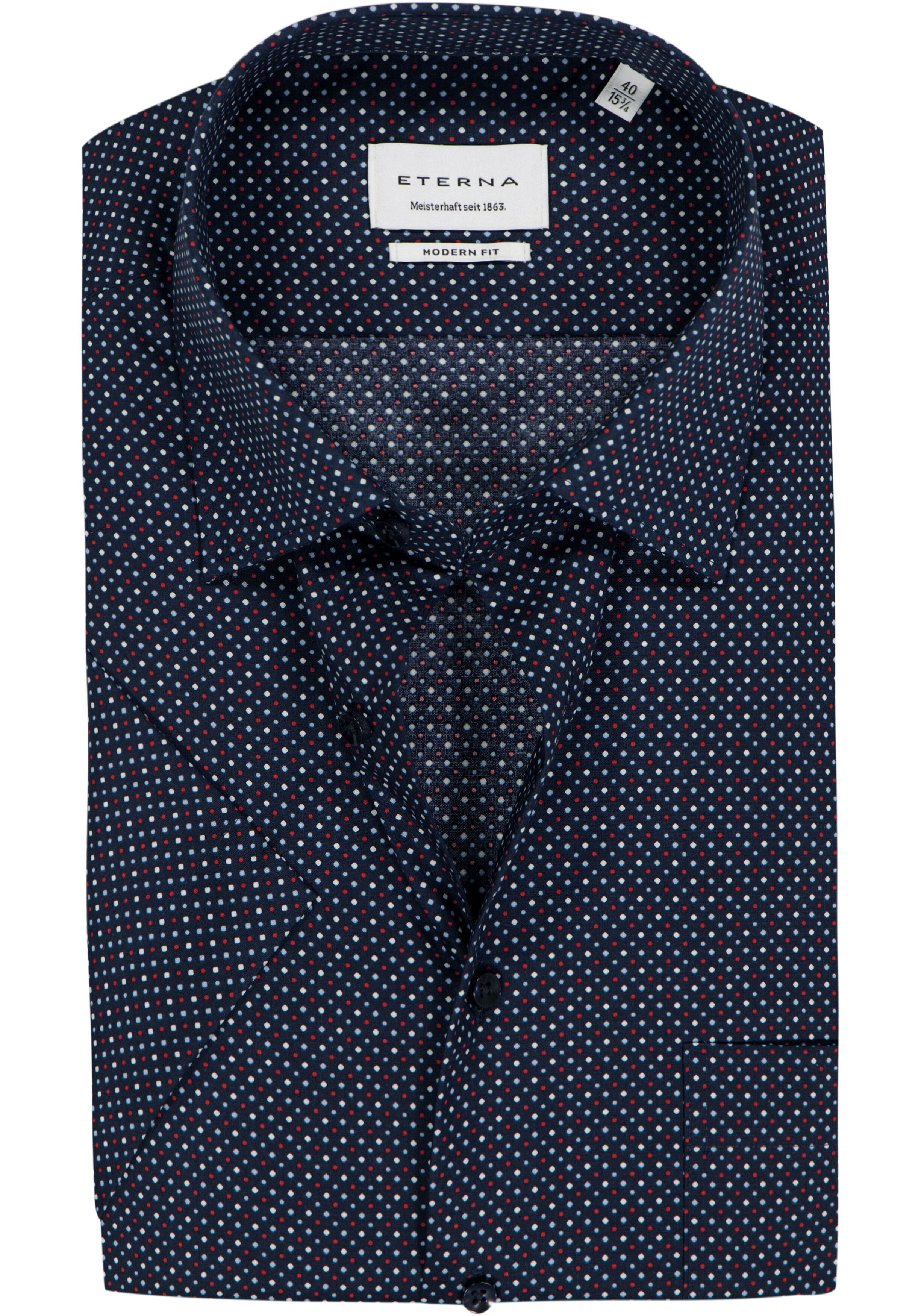 ETERNA modern fit overhemd korte mouw, popeline, donkerblauw met wit, rood en lichtblauw dessin