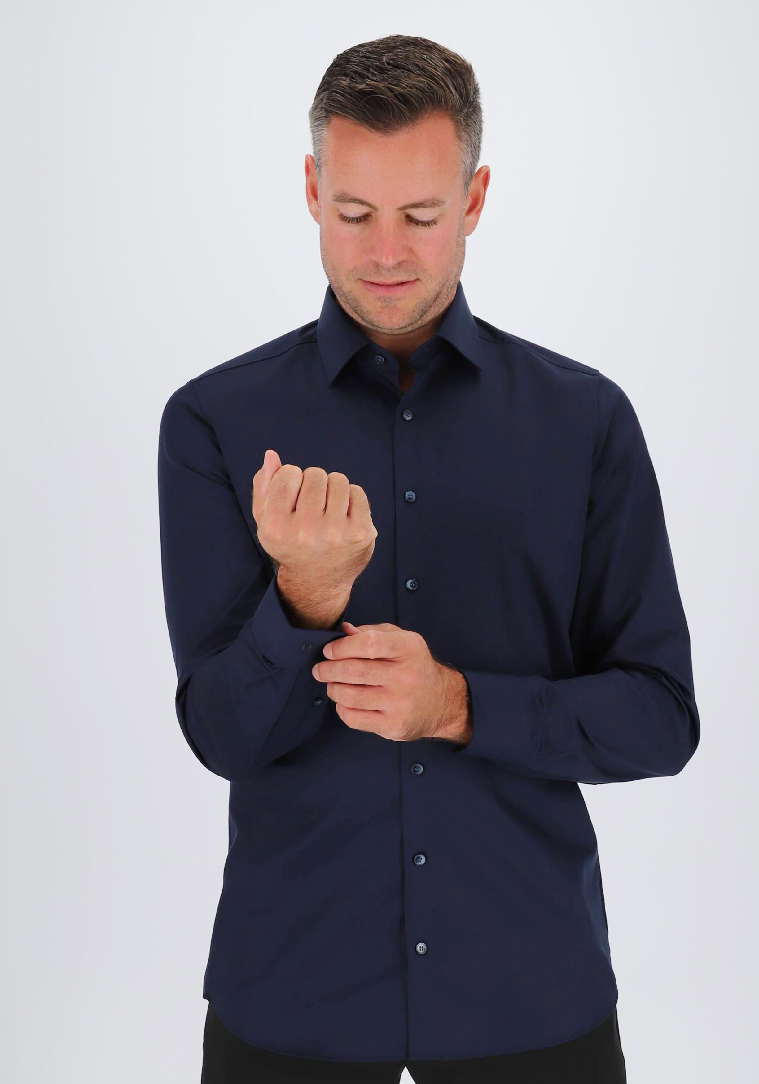 OLYMP Level 5 body fit overhemd, satijnbinding, donkerblauw