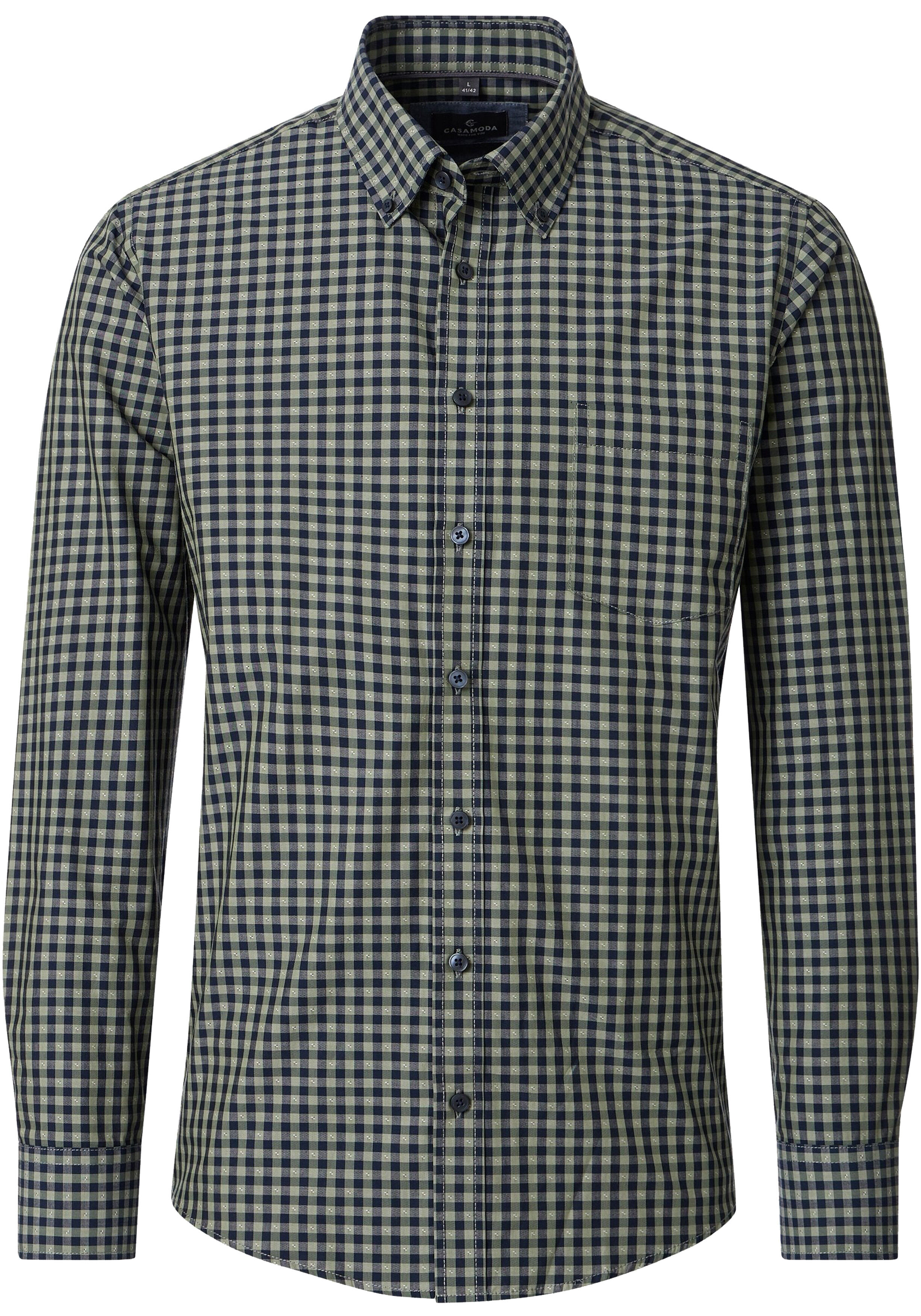 CASA MODA Sport casual fit overhemd, dobby, blauw met olijfgroen en geel geruit