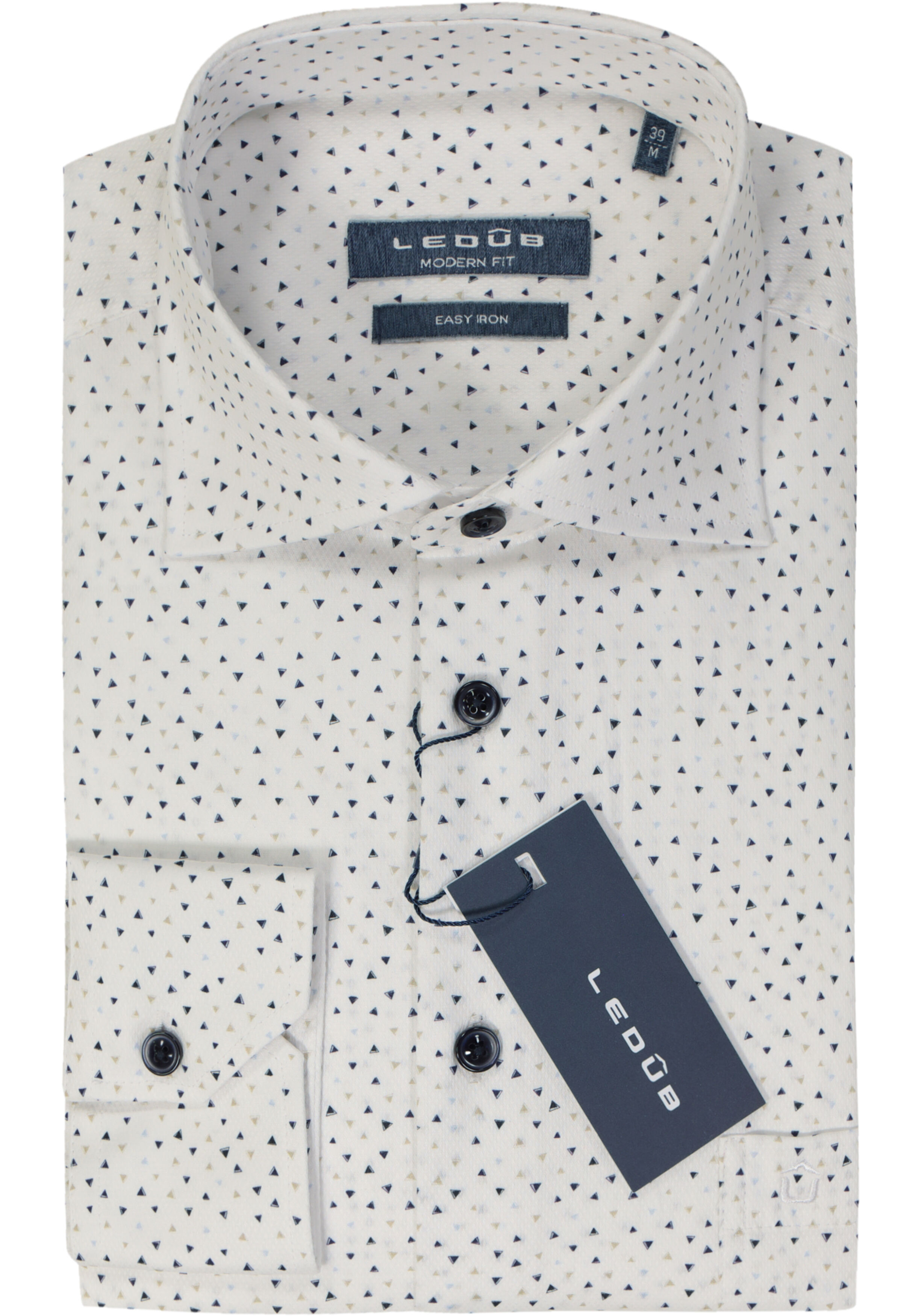 Ledub modern fit overhemd, structuur, wit met blauw en beige dessin
