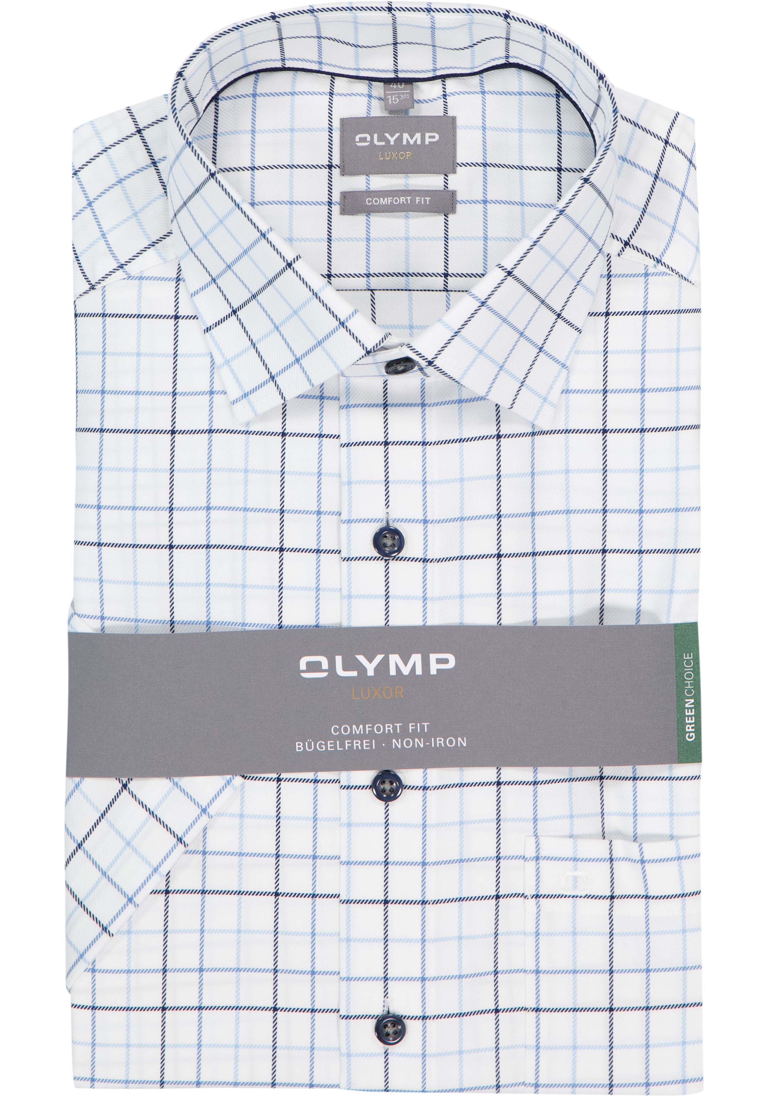 OLYMP Luxor comfort fit overhemd, korte mouw, popeline, wit met licht-en donkerblauw geruit