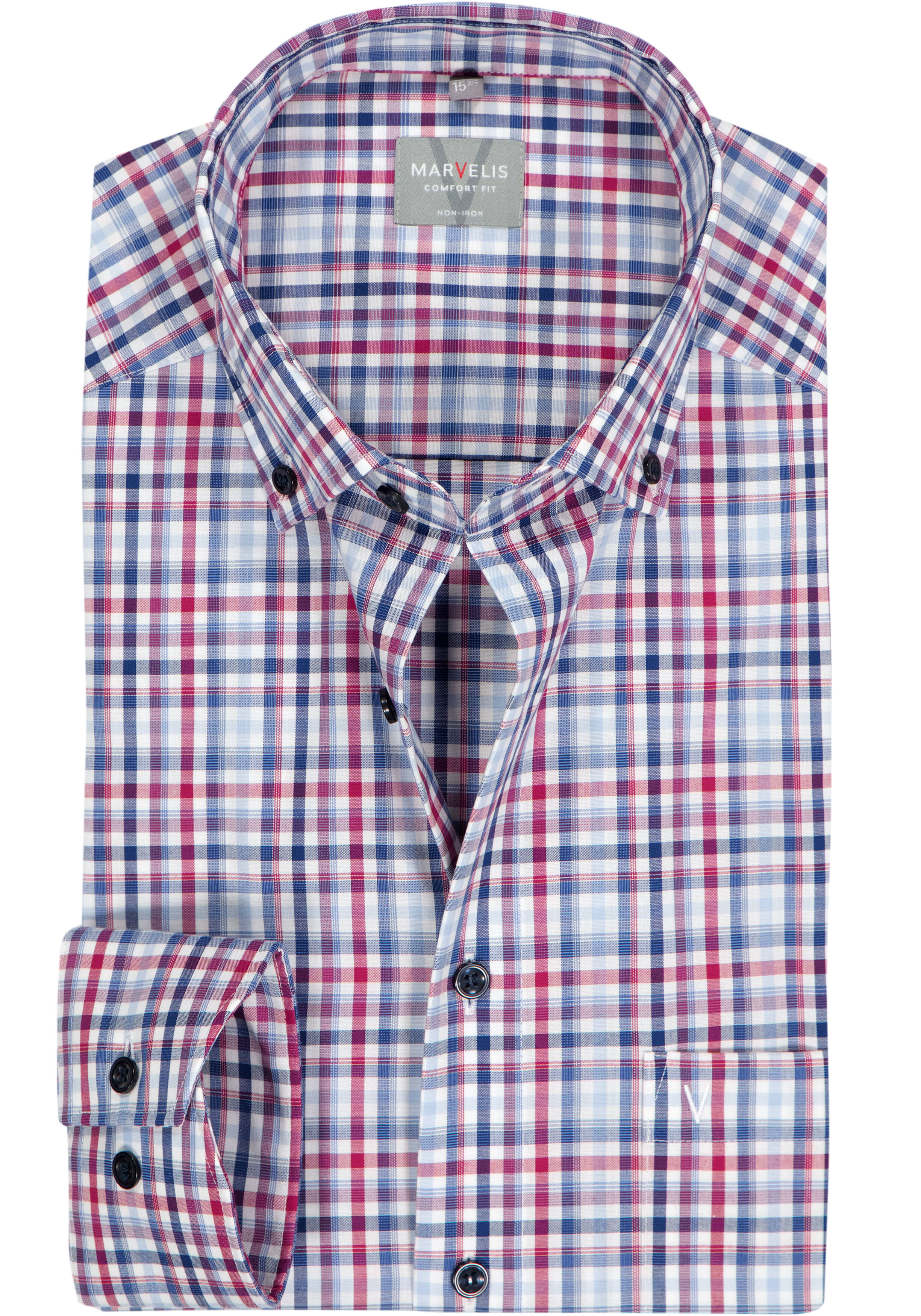 MARVELIS comfort fit overhemd, popeline, rood, wit en blauw geruit