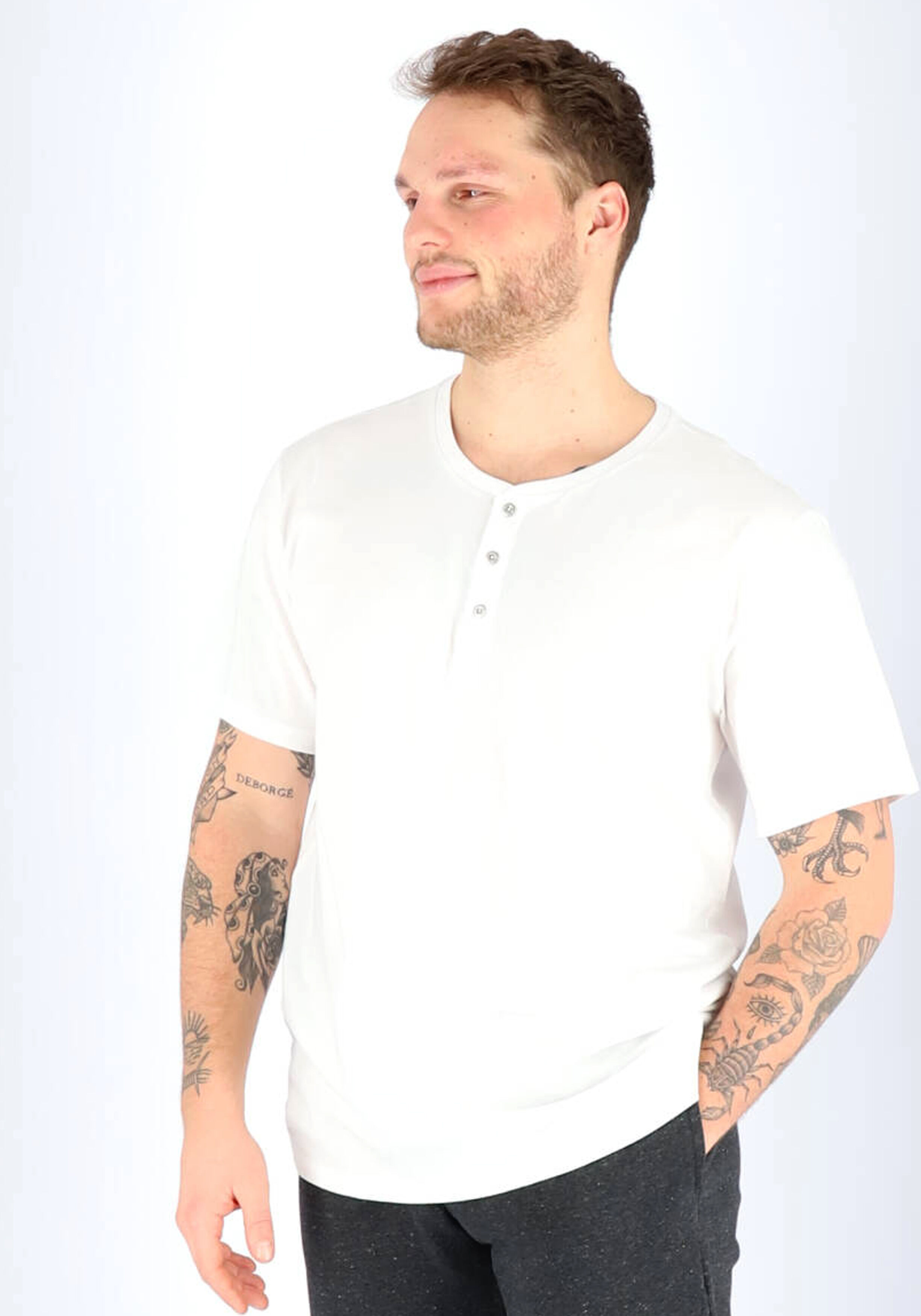 SCHIESSER Mix+Relax T-shirt, korte mouw O-hals met knoopjes, wit