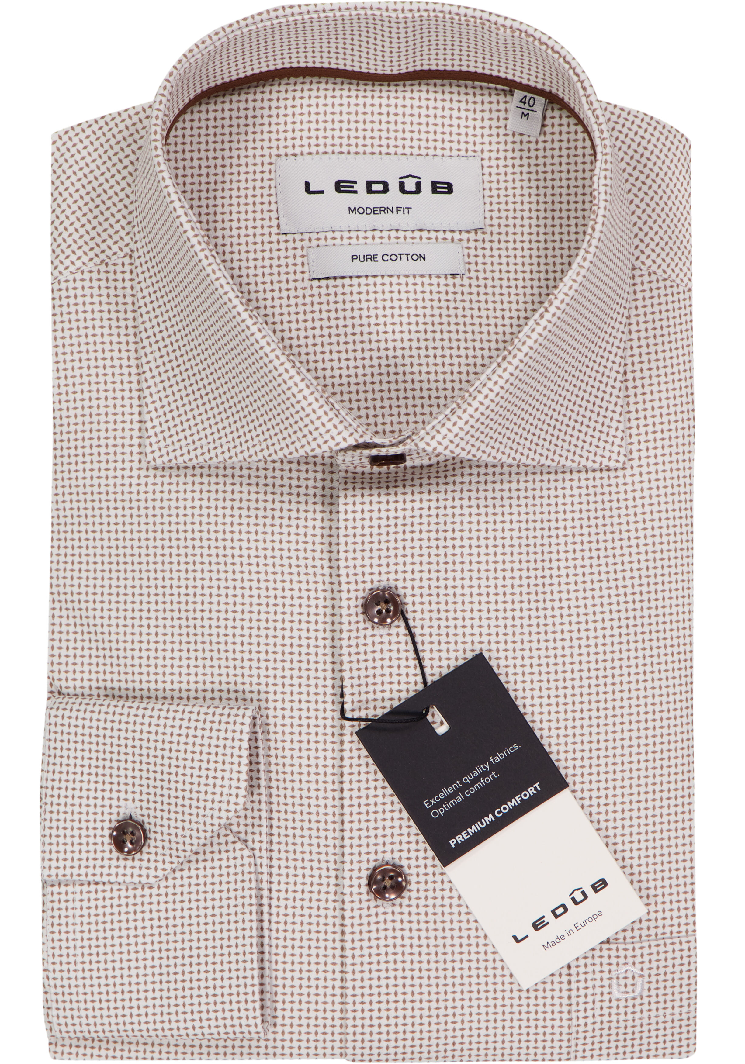 Ledub modern fit overhemd, popeline, middenbruin dessin