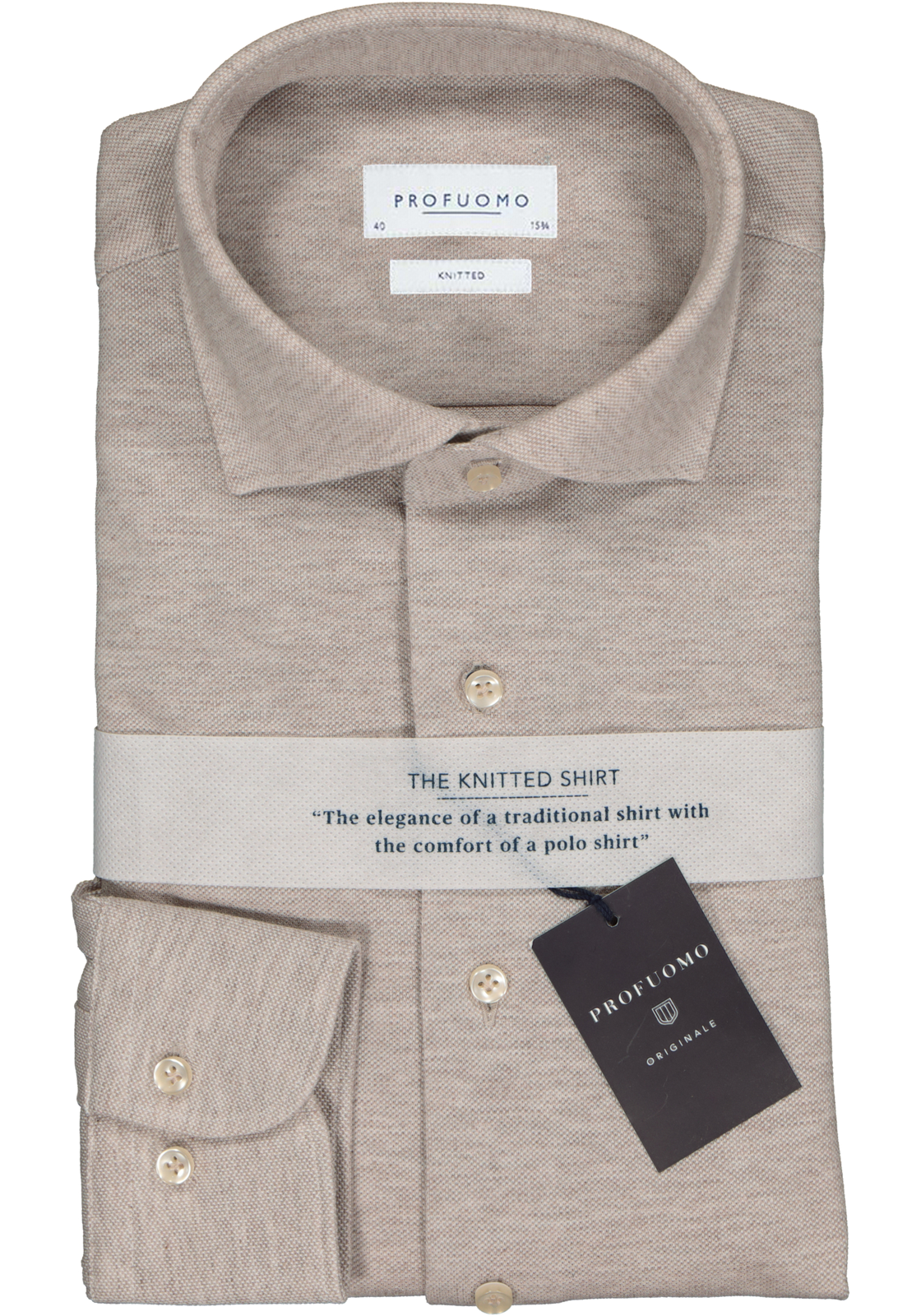 2-8719064201736-profuomo-overhemd_HR Profuomo slim fit jersey overhemd, knitted shirt pique, beige melange