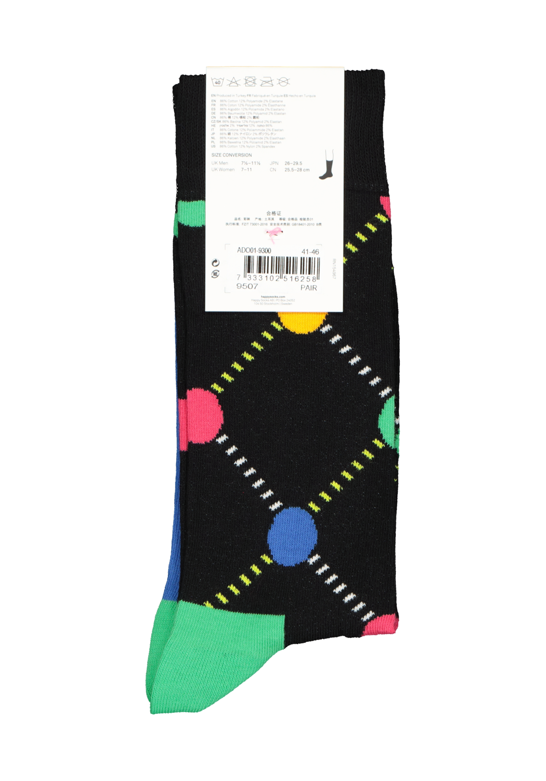 4-7333102516258_Happy_Socks__HR Happy Socks Argyle Dot Sock, zwart geruit met kleurtjes