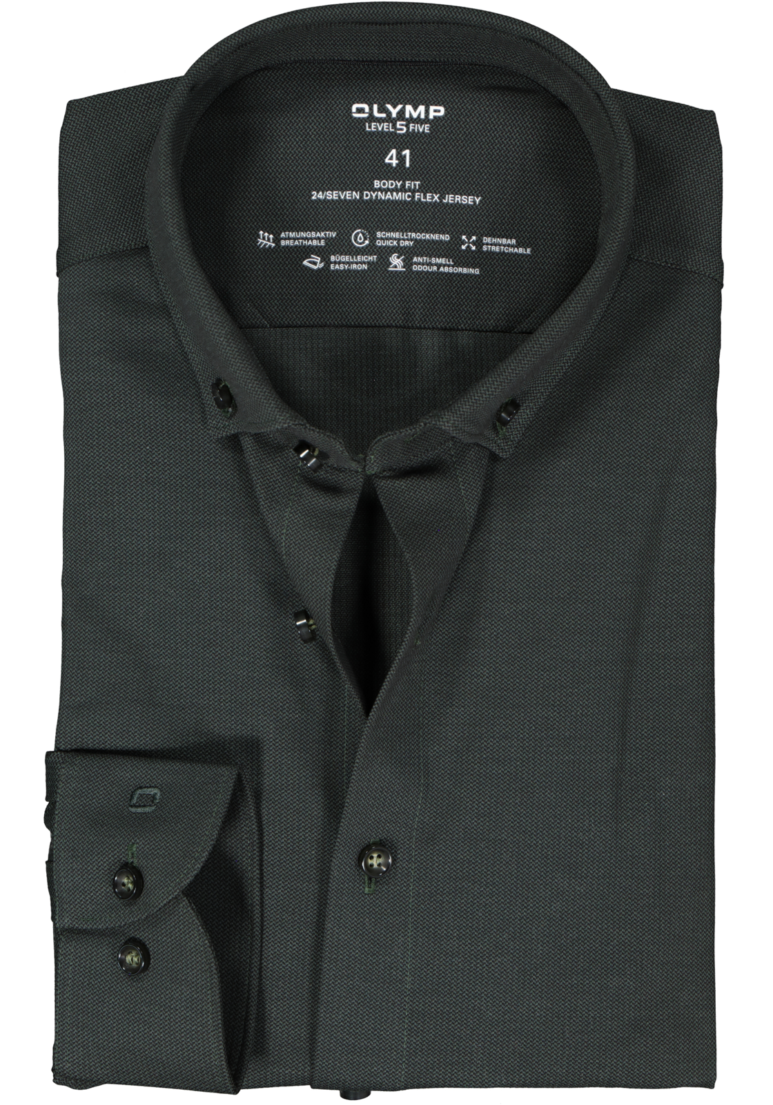 1-4066425473658_olymp-overhemd_HR OLYMP 24/7 Level 5 body fit overhemd, herringbone, olijfgroen