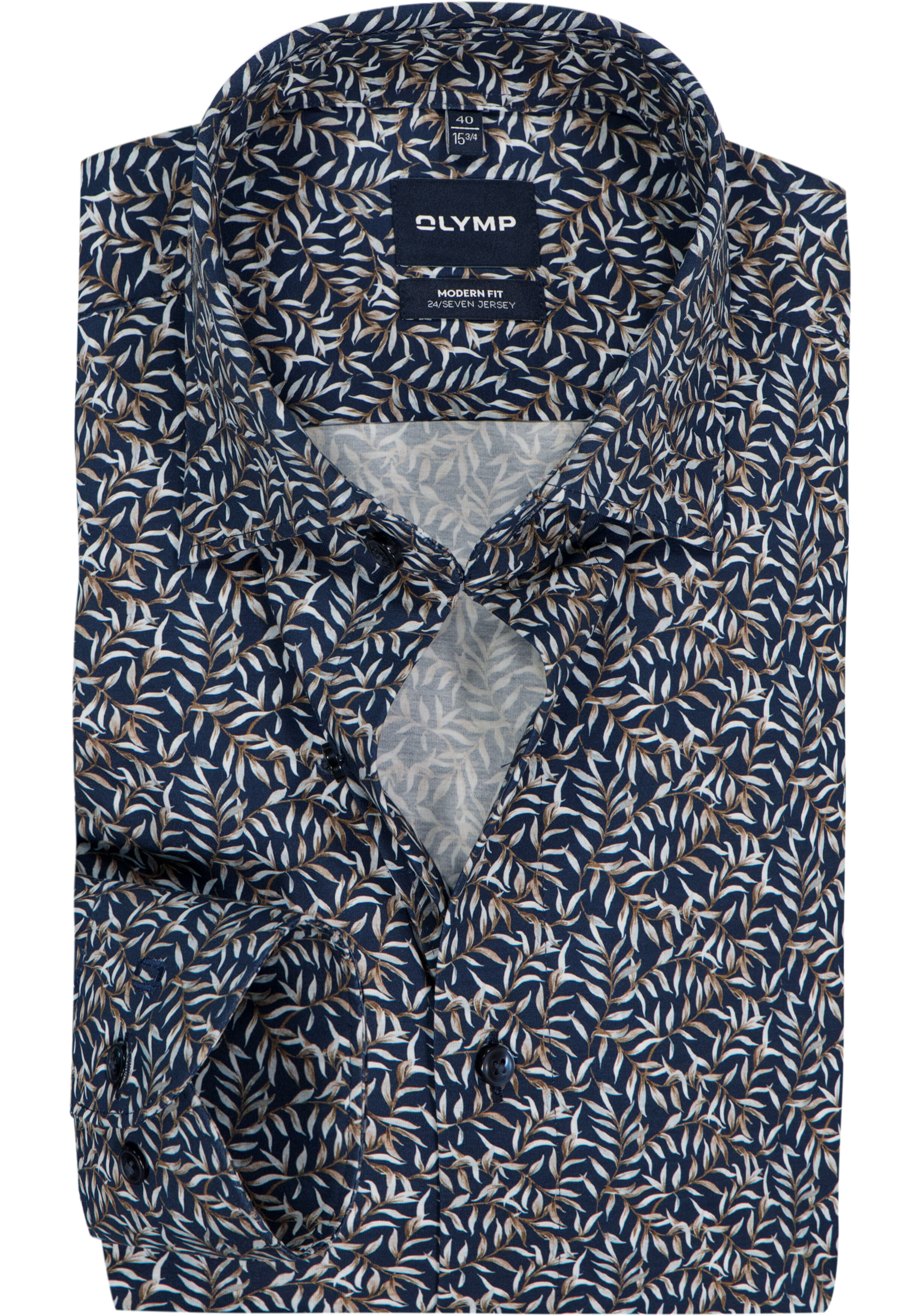 OLYMP 24/7 Luxor modern fit overhemd, tricot, donkerblauw met groen en lichtblauw dessin