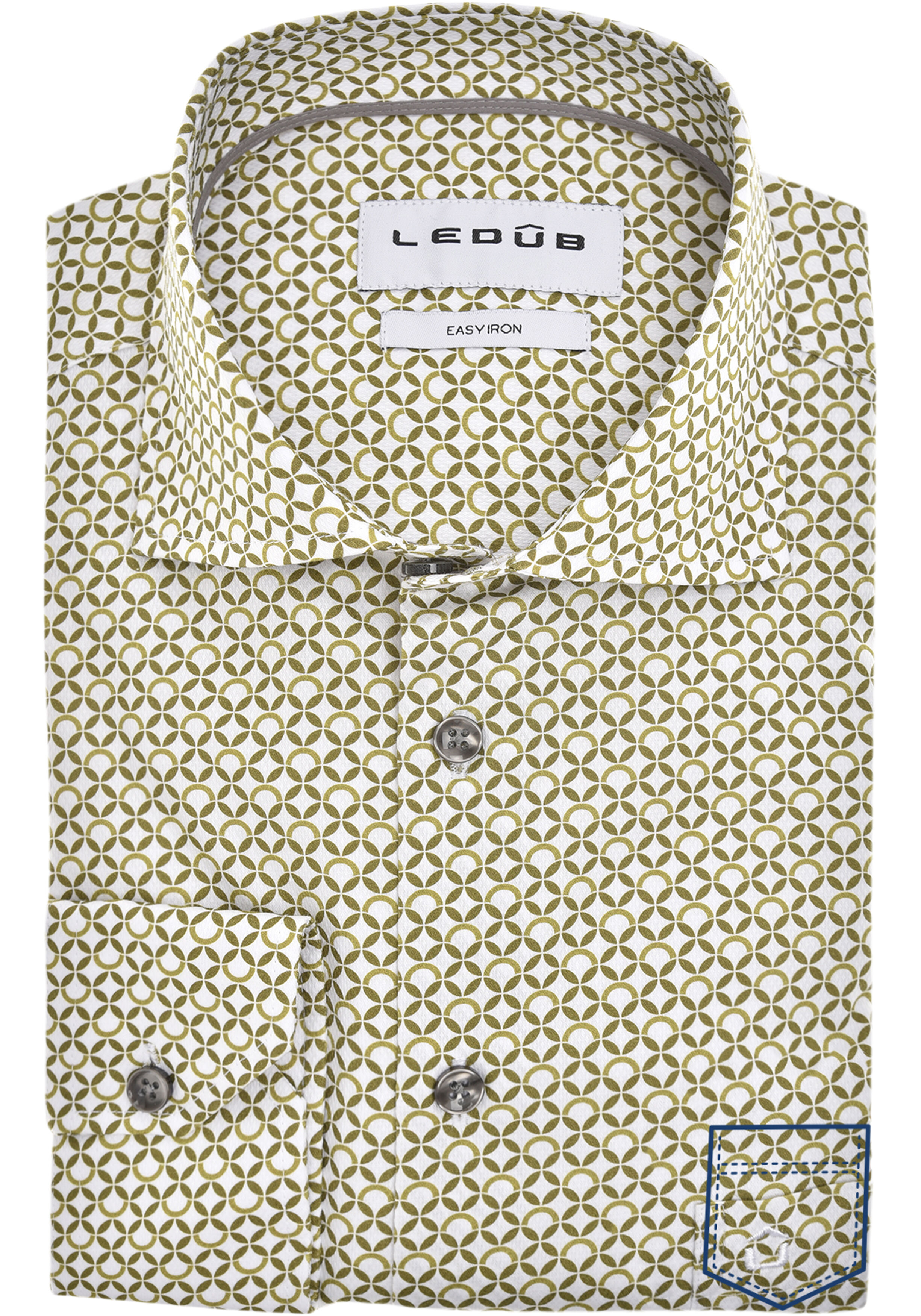 Ledub modern fit overhemd, popeline, groen met wit dessin
