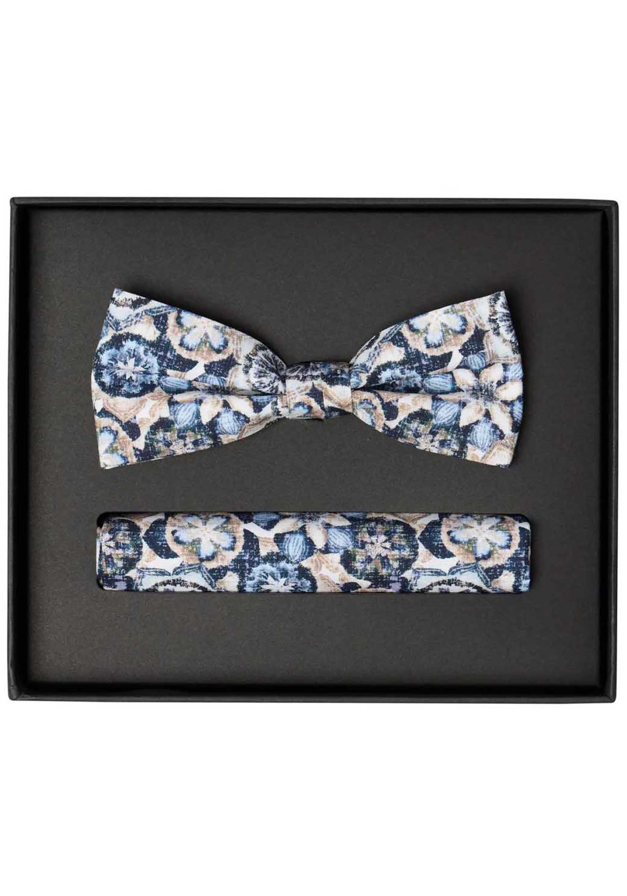VENTI set met vlinderdas en pochet, blauw, wit, beige, donkerblauw dessin